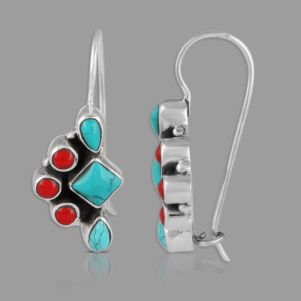 925 Sterling Silver Handmade Earrings Natural Turquoise & Coral Stone Earrings