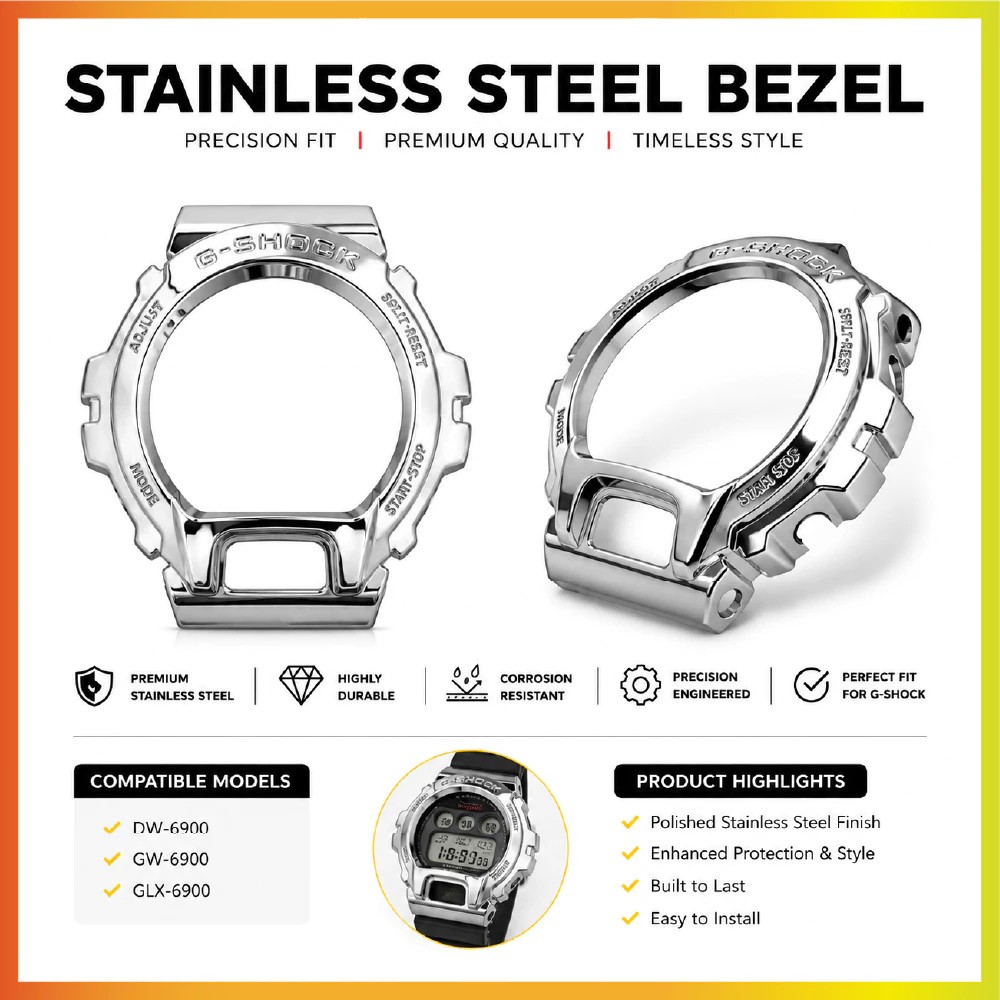 Stainless Steel Bezel for G-Shock DW6900 Custom Mod Silver Gold Black Silver