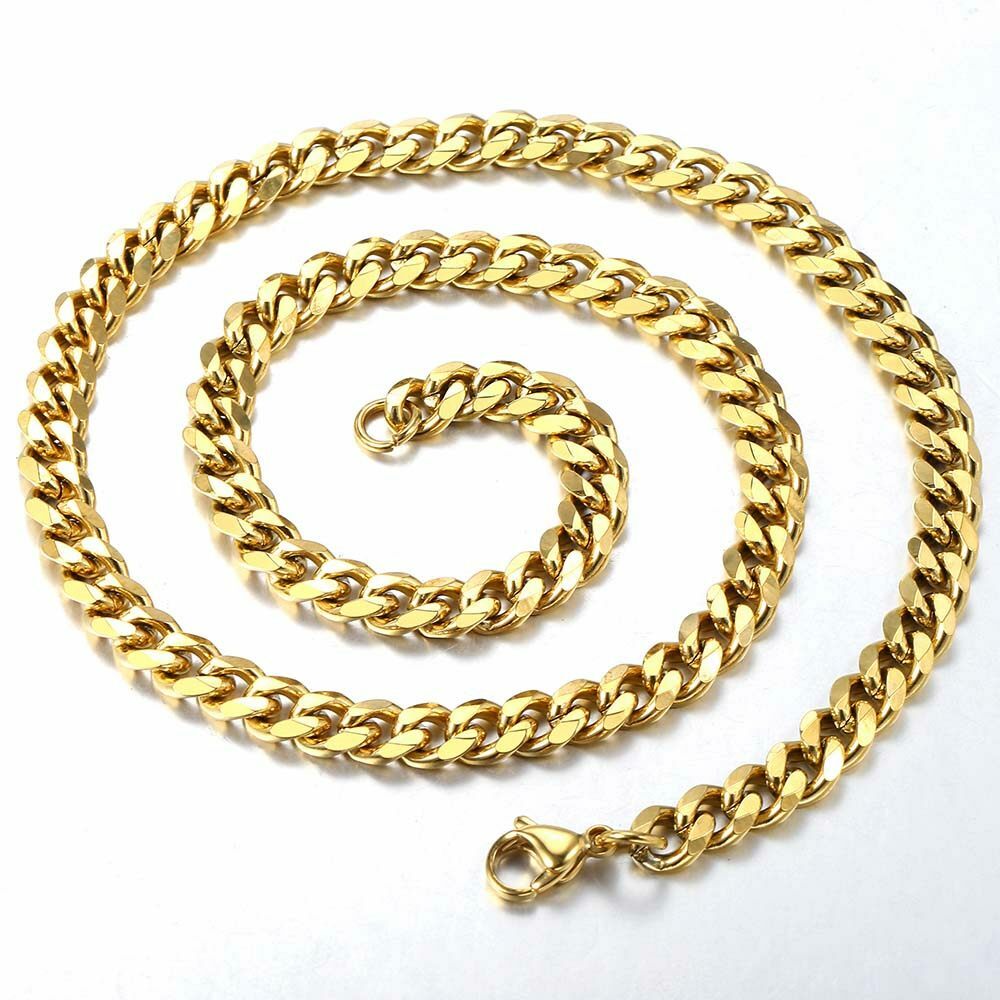 16″-36″ 3/5/7/9/11mm Gold Plated Stainless Steel Curb Cuban Mens Necklace Chain