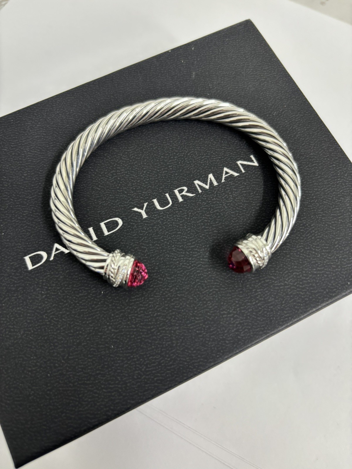 David 7mm Cable Cuff Bracelet 925 Sterling Silver Tourmaline & Diamond