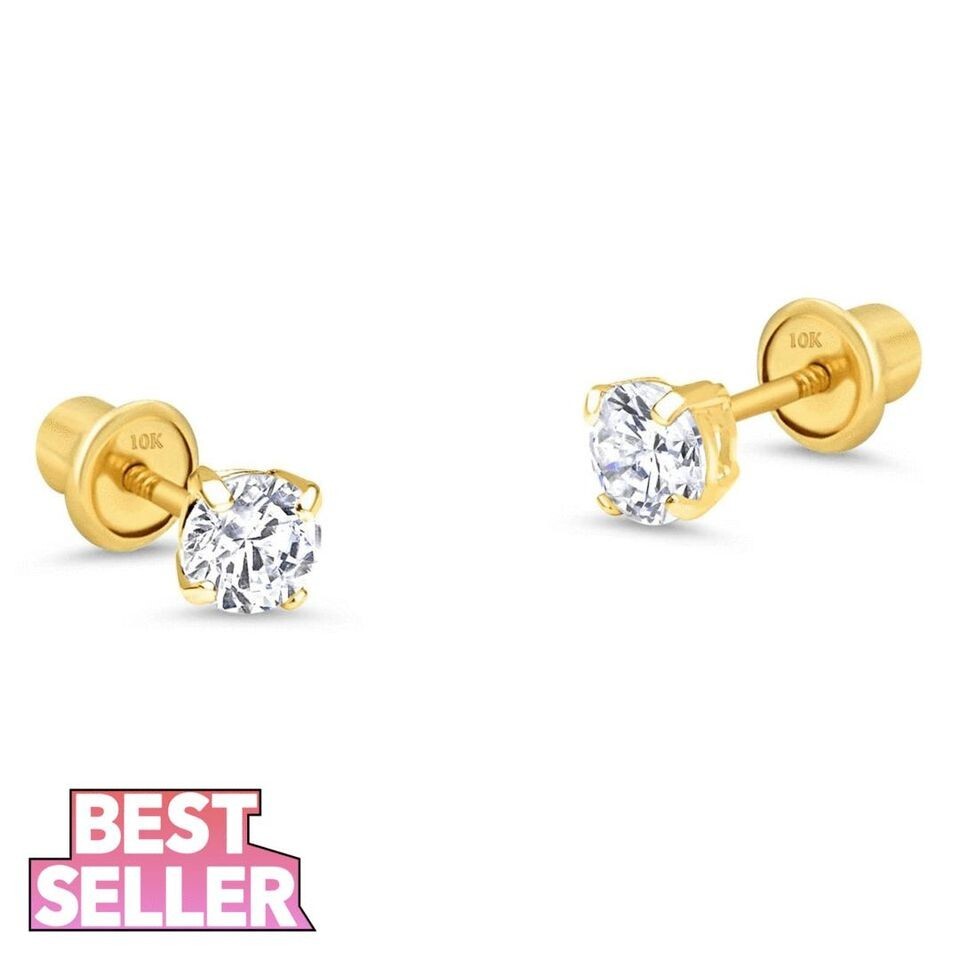 Genuine Diamond Child/Baby Stud Screw Back Earrings in 10k Solid Yellow gold