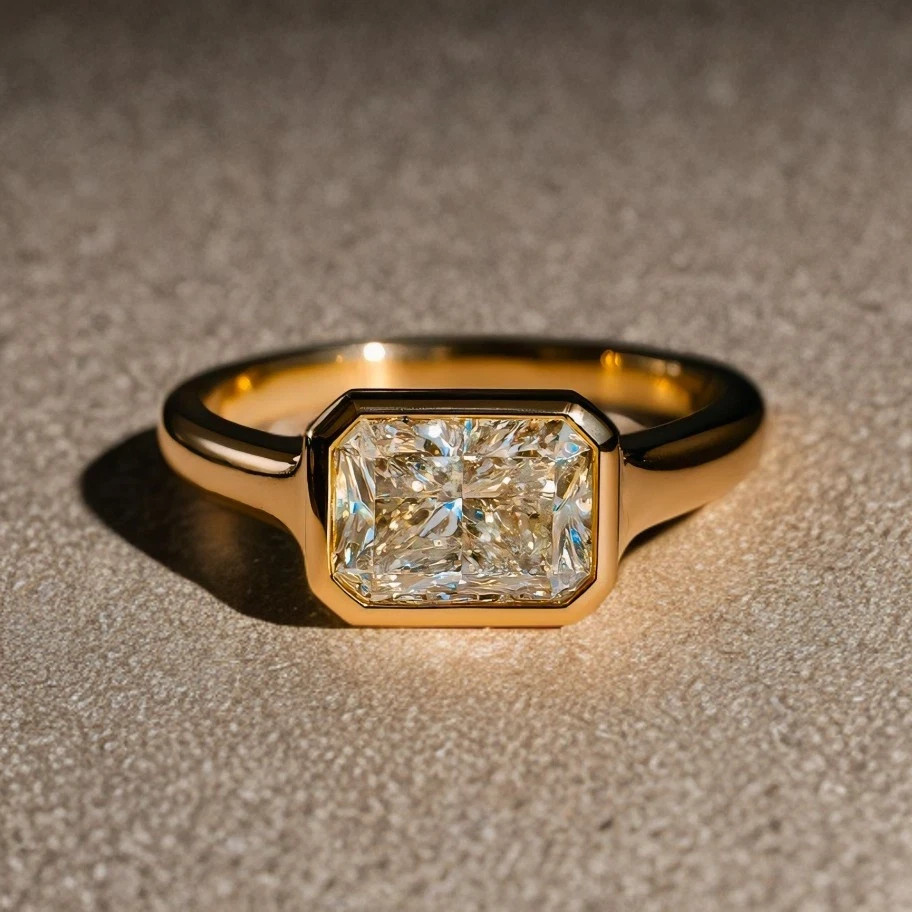 2CT Emerald Cut Moissanite Bezel Set 14k Yellow Gold Plated Engagement Ring