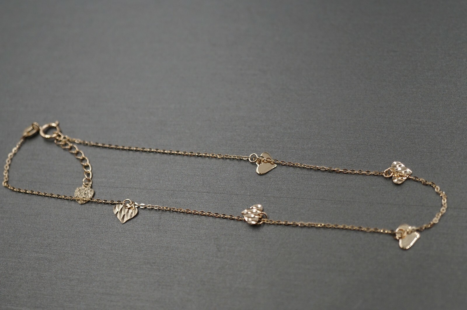 14K Solid Yellow Gold Light Fancy Diamond Cut Heart Charm Ankle Bracelet. 9″+1″