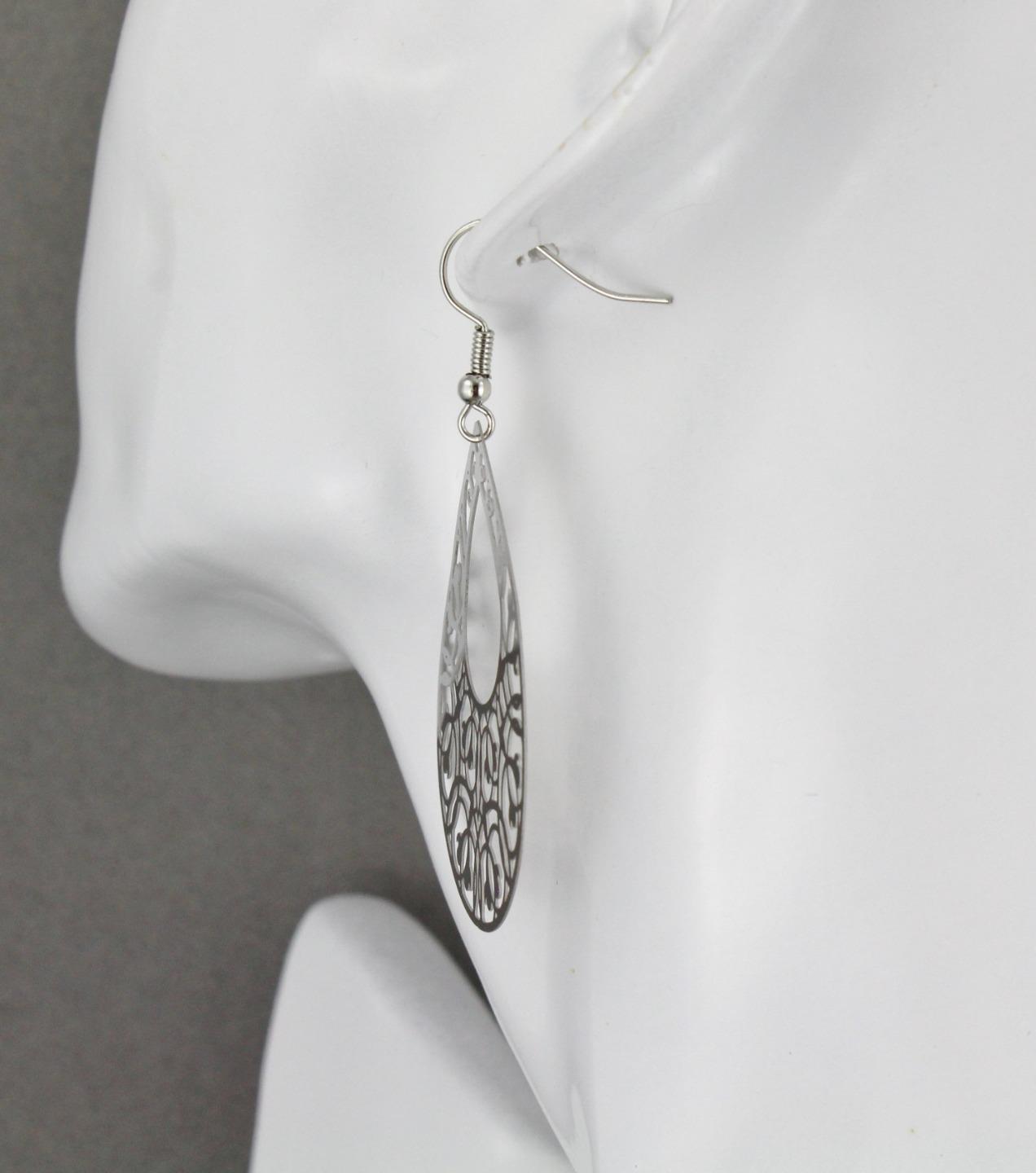 Silver teardrop filigree dangle earrings shiny 2 7/16″ long lightweight scroll