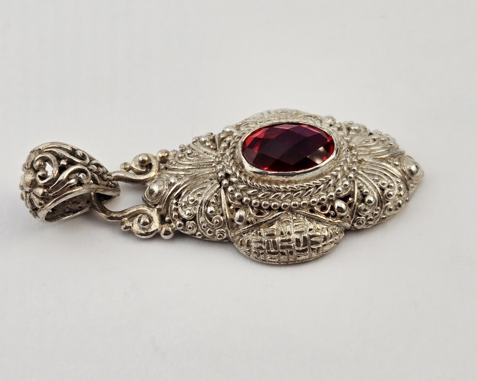 Sterling Silver Red Gemstone Sarda Filigree Pendant Bali Enhancer – 12.0g