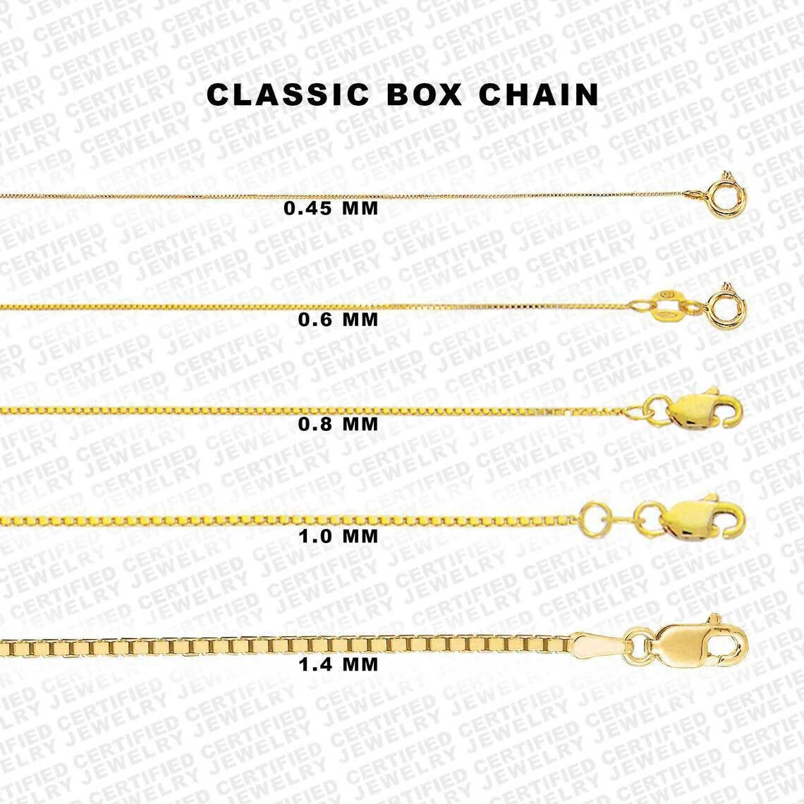 10K Solid Yellow Gold Box Chain Necklace, 16″ To 30″ Inch, 0.5mm To 1.4mm Thick