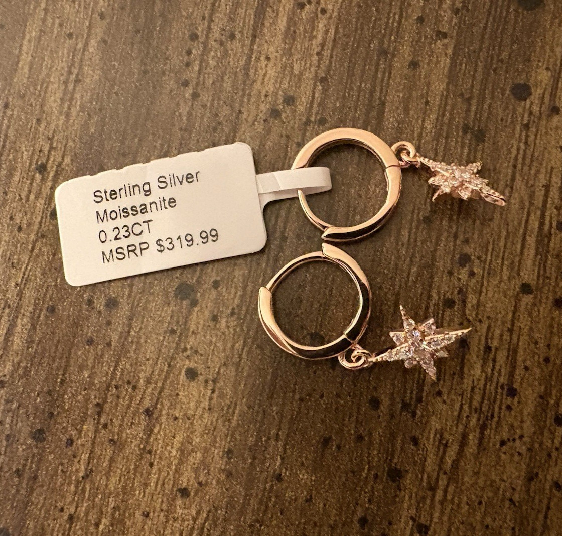 925 Sterling Silver Rose Gold Star White Moissanite Dangle Hoop Earrings 0.23 CT