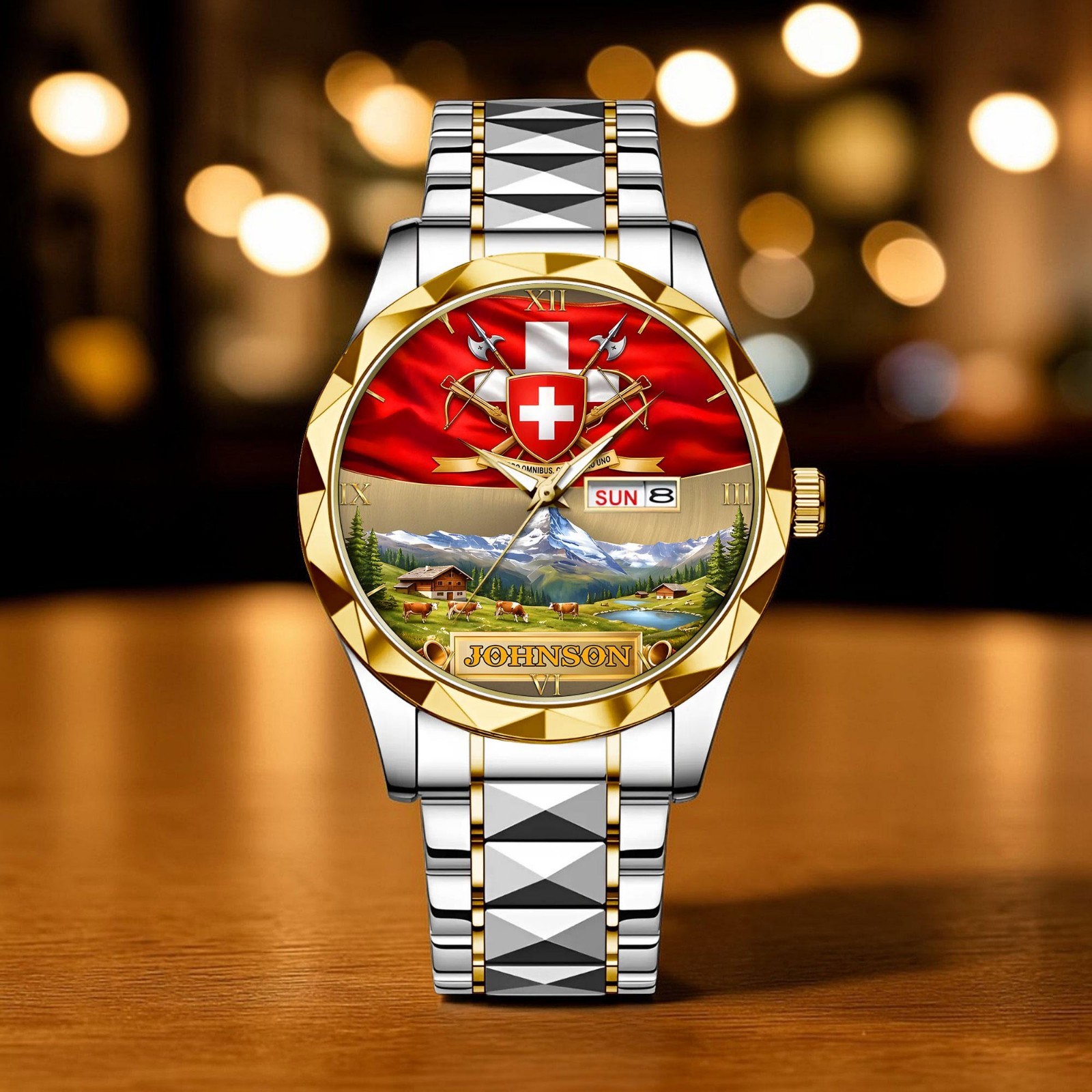 Switzerland Flag Wrist Watch Swiss Art Alpine Mountain Pride Gift for Men Him