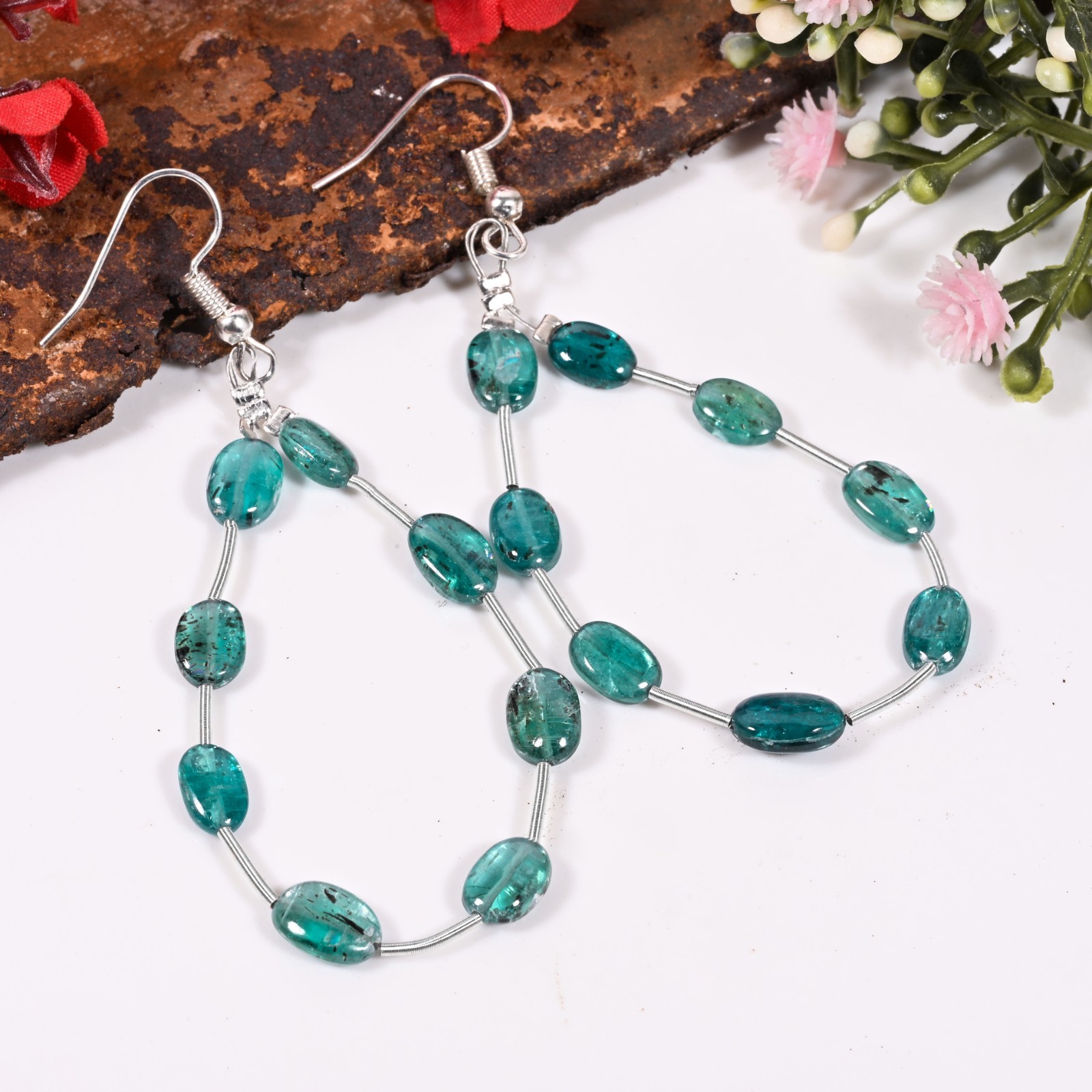 Natural Green Kyanite Oval Dangle Earrings, Smooth Tumbled Gemstone Bead Earring