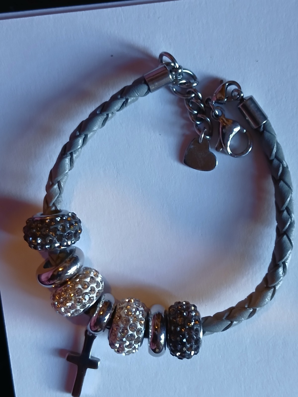 Braided Faux Leather Rhinestone Beaded Bracelet Cross Dangle Adjustable Lobster