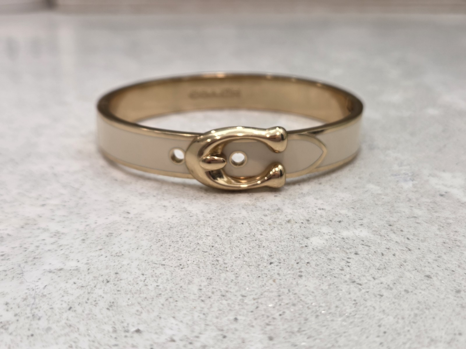 Coach Buckle Bangle Bracelet Signature C Gold Plated & Chalk Enamel Hinged