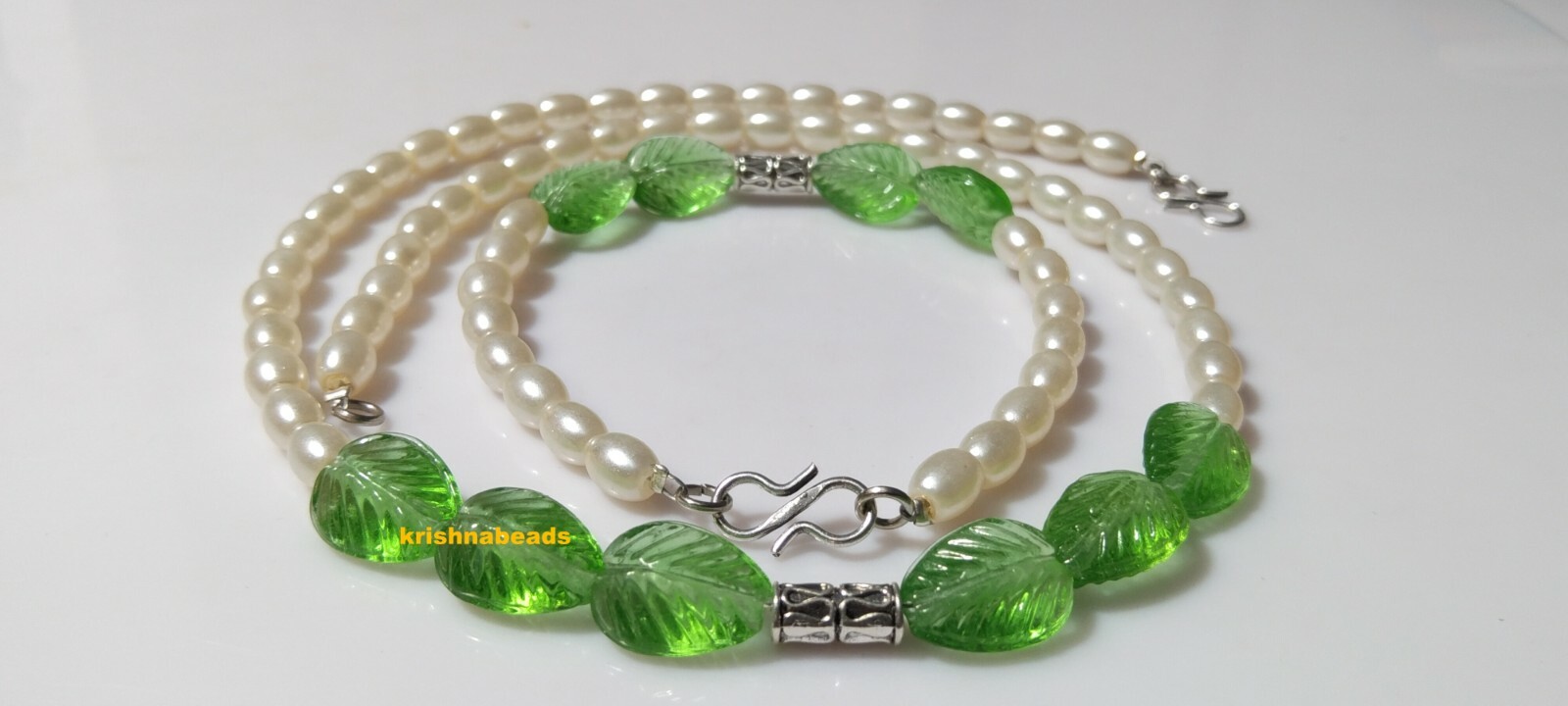 Pearl Beryl &Prehinte Hydro Leaf Carved Pear Necklace& Bracelet 11-14mm 7″-18″