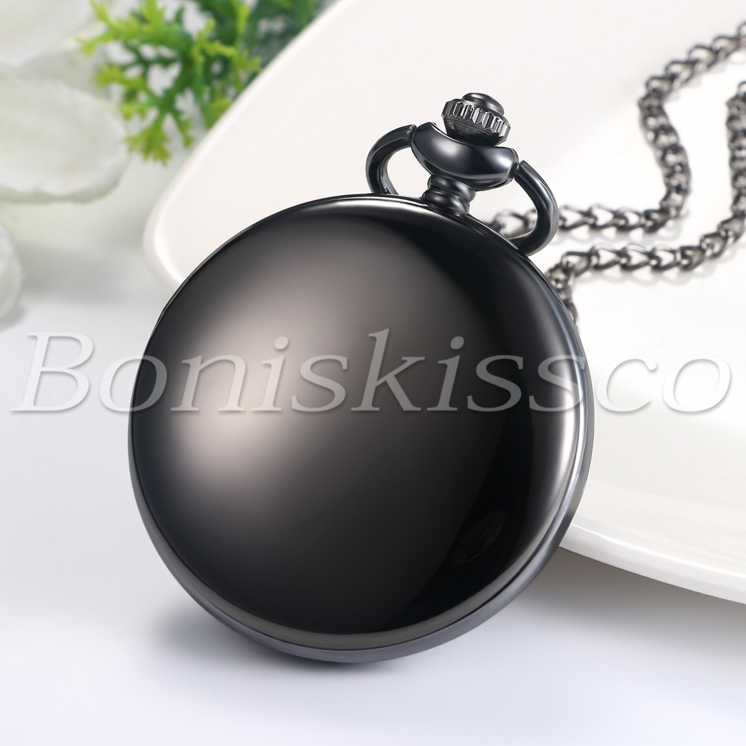Unisex Classical Simple Glossy Smooth Round Quartz Pocket Watch Necklace Chain