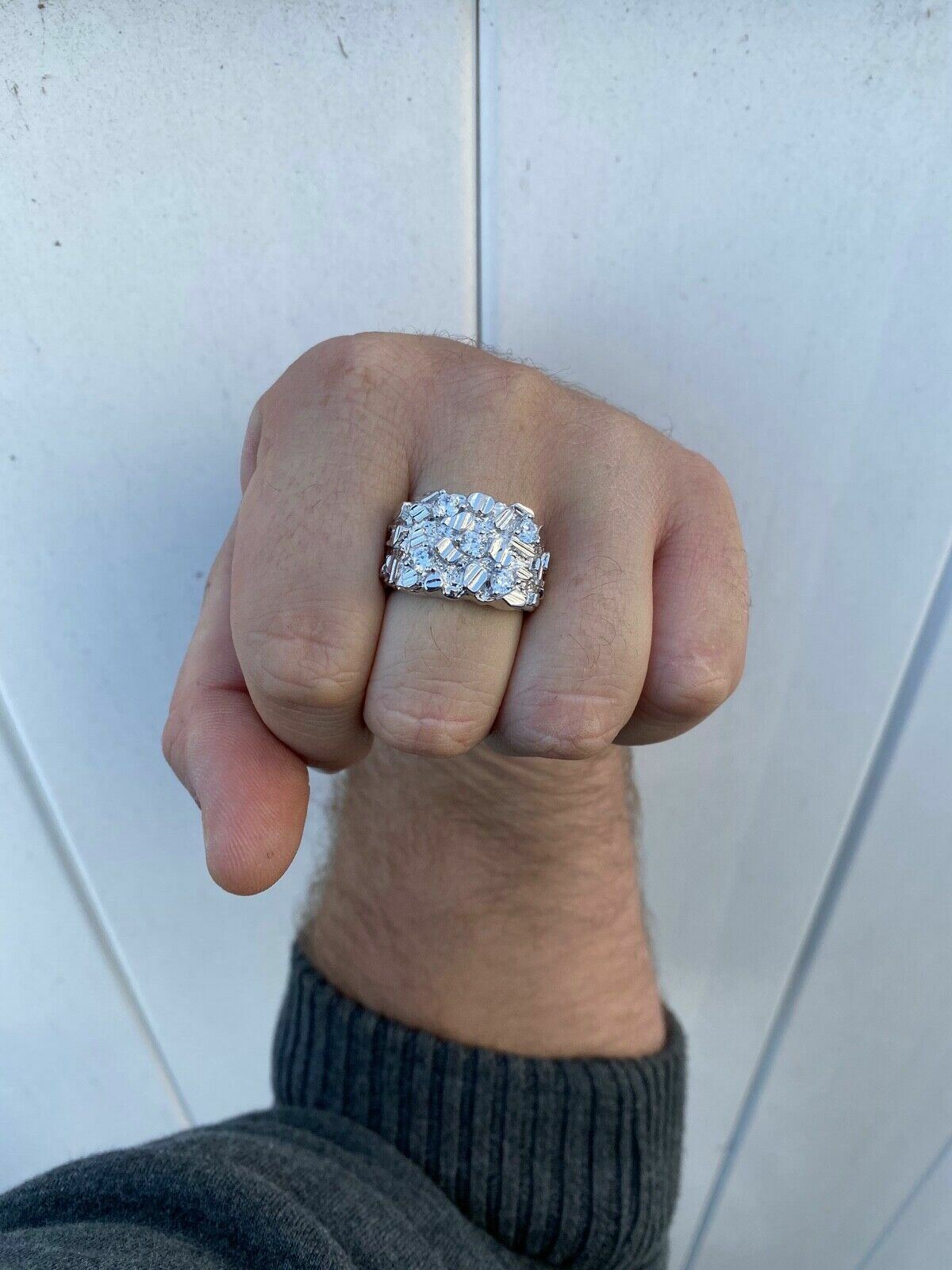Mens REAL Solid 925 Sterling Silver Iced Nugget Ring Hip Hop CZ
