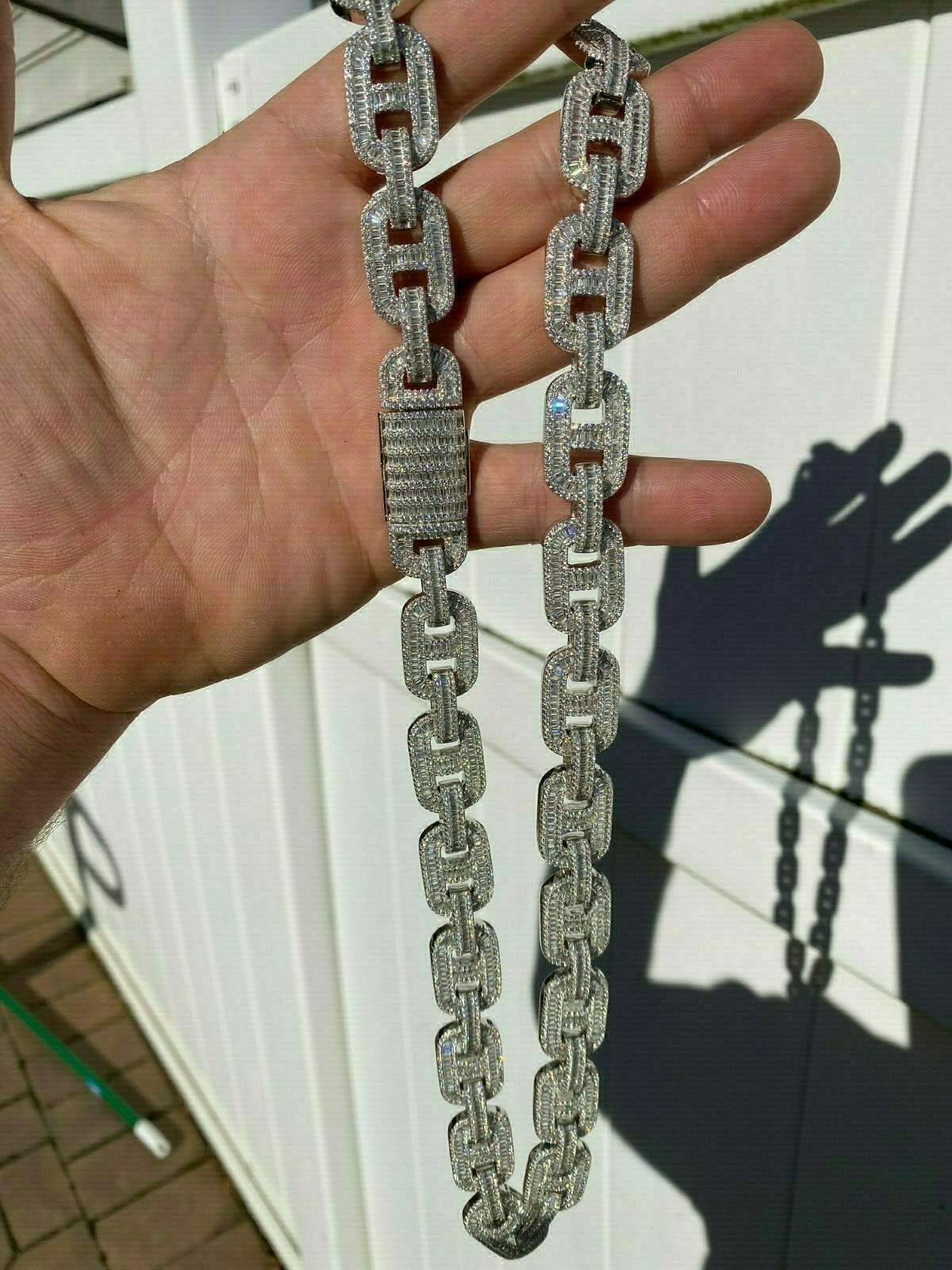 Solid 925 Sterling Silver Baguette Gucci Link Chain Iced 15mm Thick Bust Down CZ