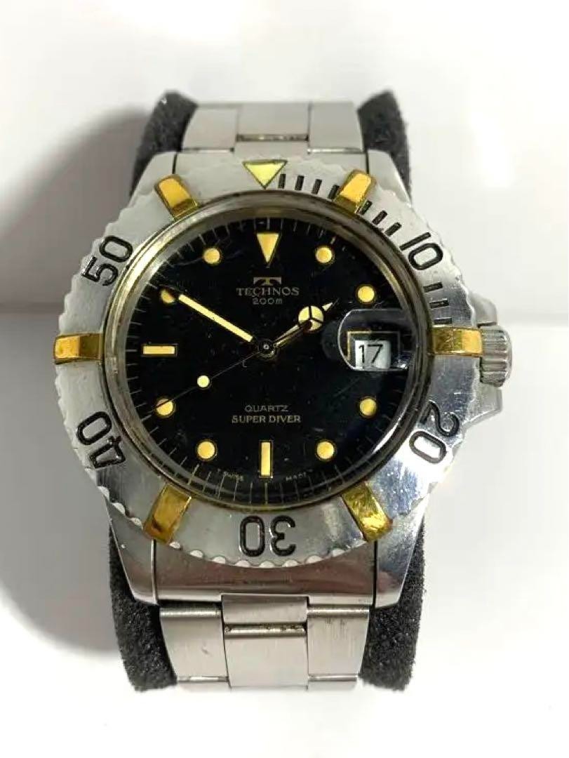 TECHNOS Quartz SUPER DIVER 200m Black Dial Water Resistant 20ATM Used Watch