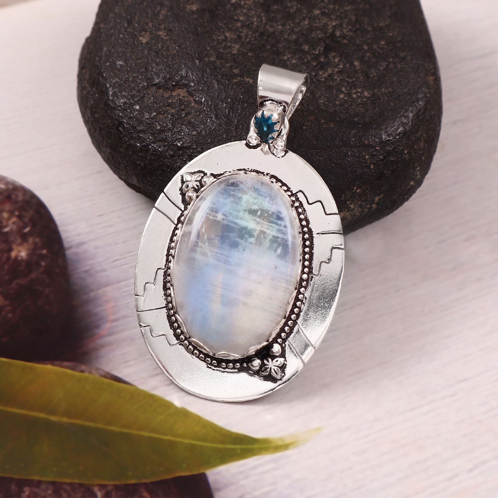 Rainbow Moonstone & Blue Topaz Pendant 925 Sterling Silver Handmade Necklace