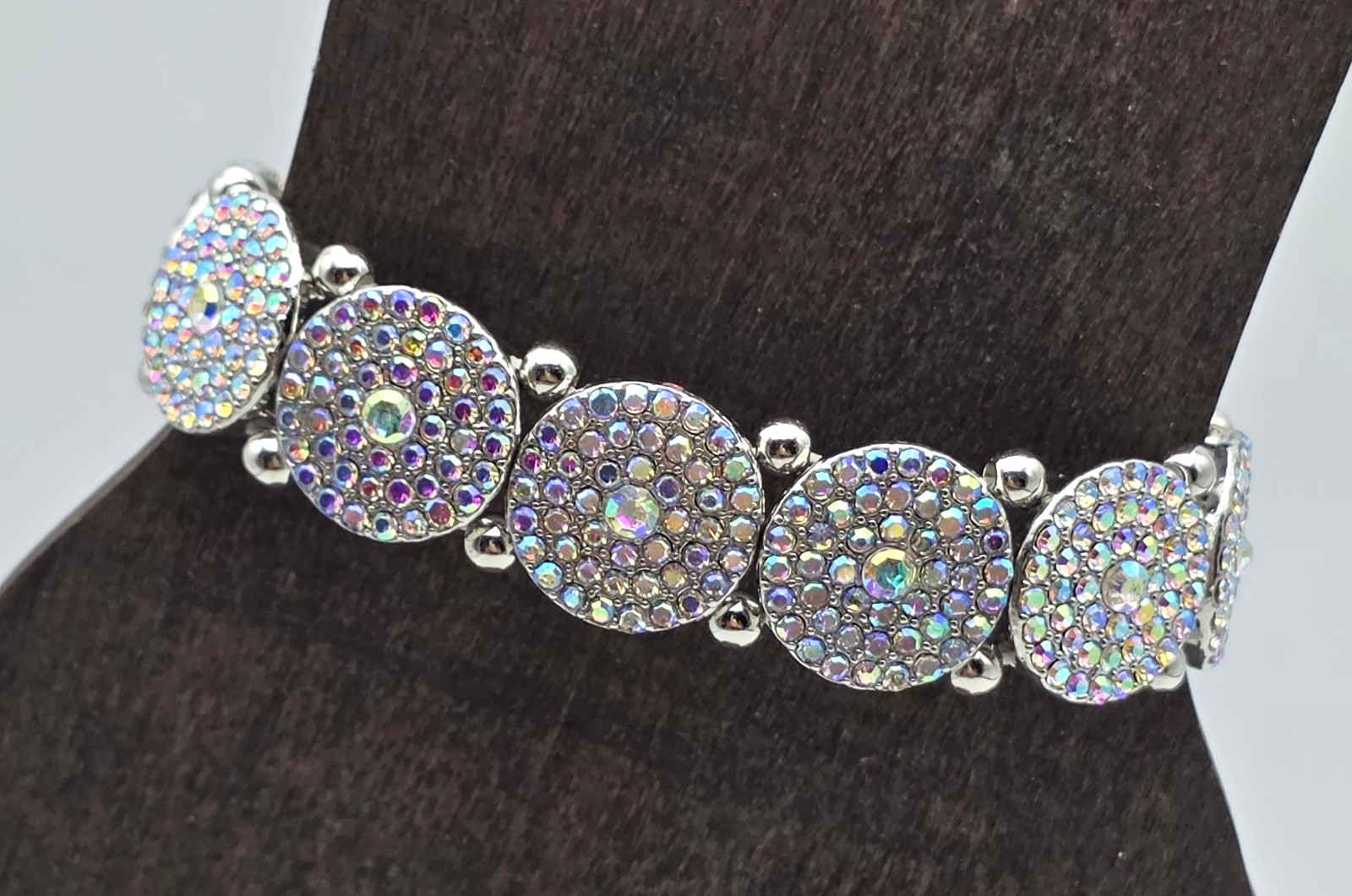 Silver Tone AB Crystal Pave Circle Link Stretch Bracelet 6.5 In Statement