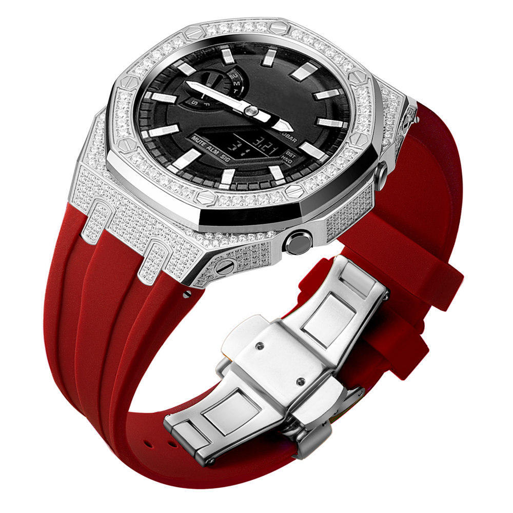 Bling Diamond Stainless Steel Case + Rubber Strap AP MOD KIT for G-SHOCK GA-2100