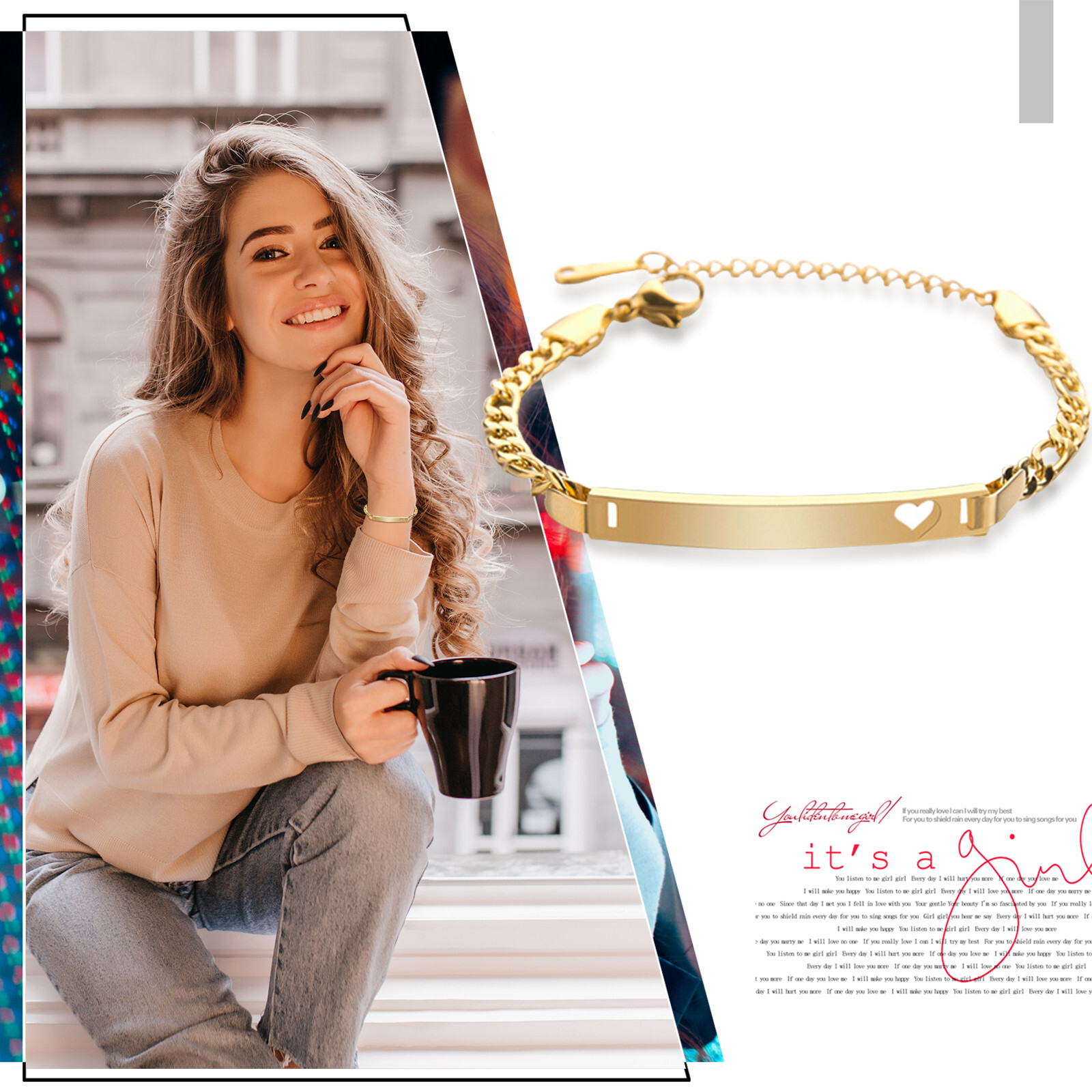 Personalized Love Heart Figaro Link Chain Bracelet Engraved Custom for Men Women