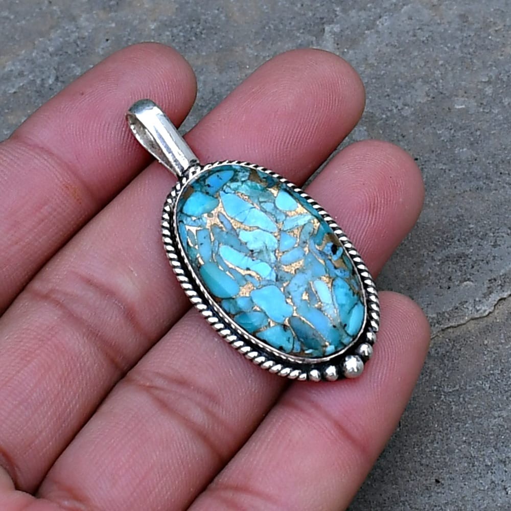 Blue Copper Turquoise Gemstone Pendant Solid 925 Sterling Silver Pretty Pendant