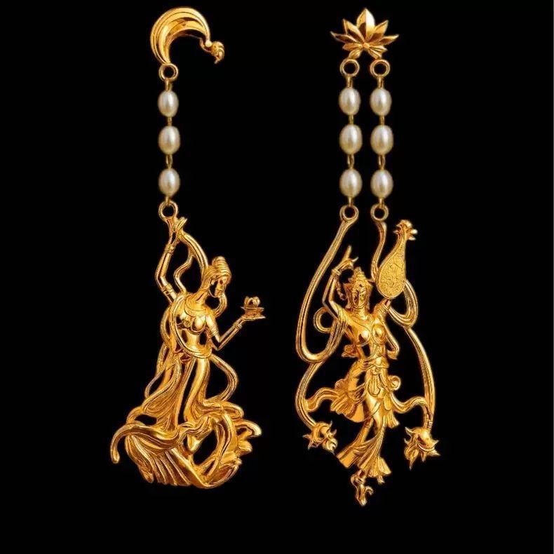 Vintage Dunhuang Feitian Asymmetrical Gold Tone Drop Earrings with Pearls
