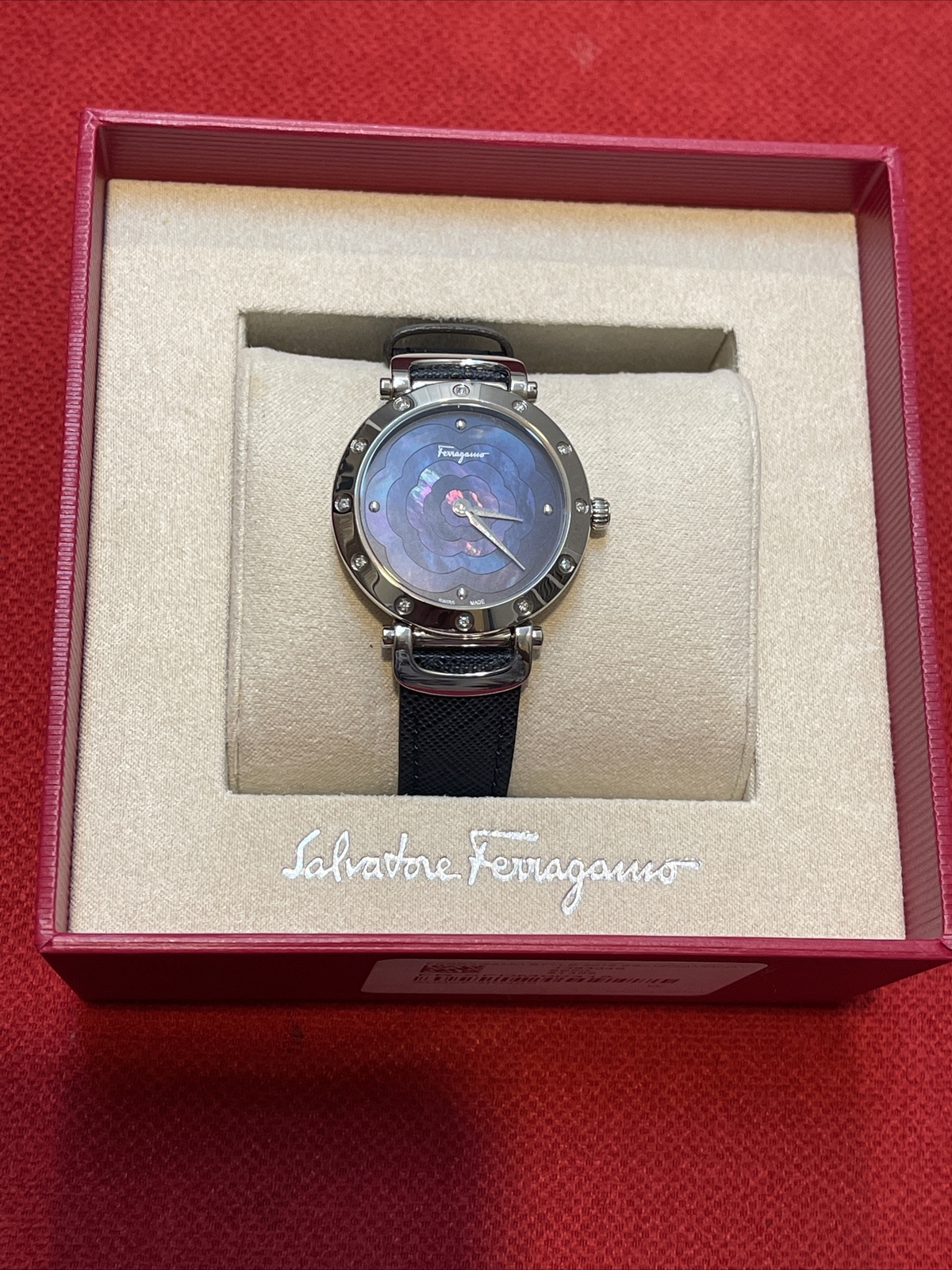 SALVATORE FERRAGAMO Blue Leather Floral Mother Of Pearl 12 Diamonds $1395