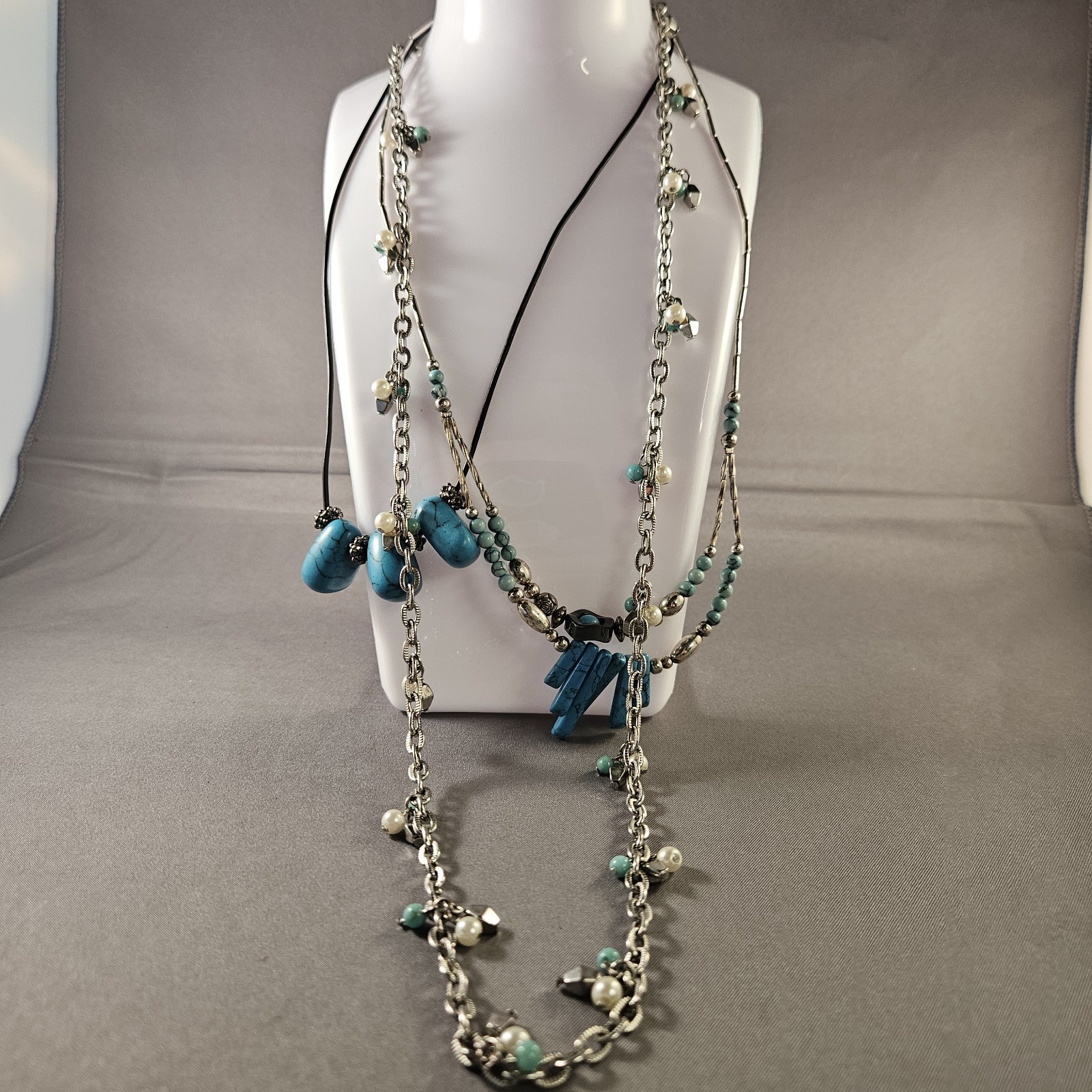 Lot 3 Boho Turquoise Colors, Silver Tone Necklaces Cord Beaded Chain 16 36in