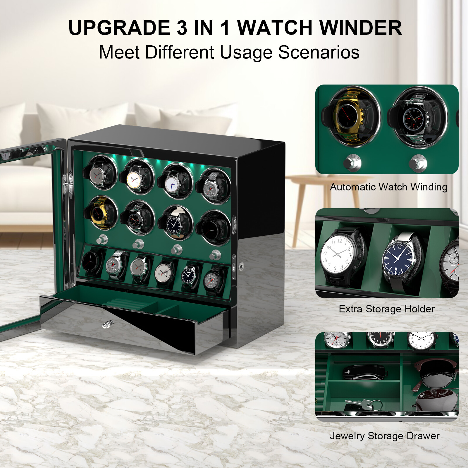 New Compact LED Automatic 8 Watch Winder With 6 Watches Display Storage Box Gift