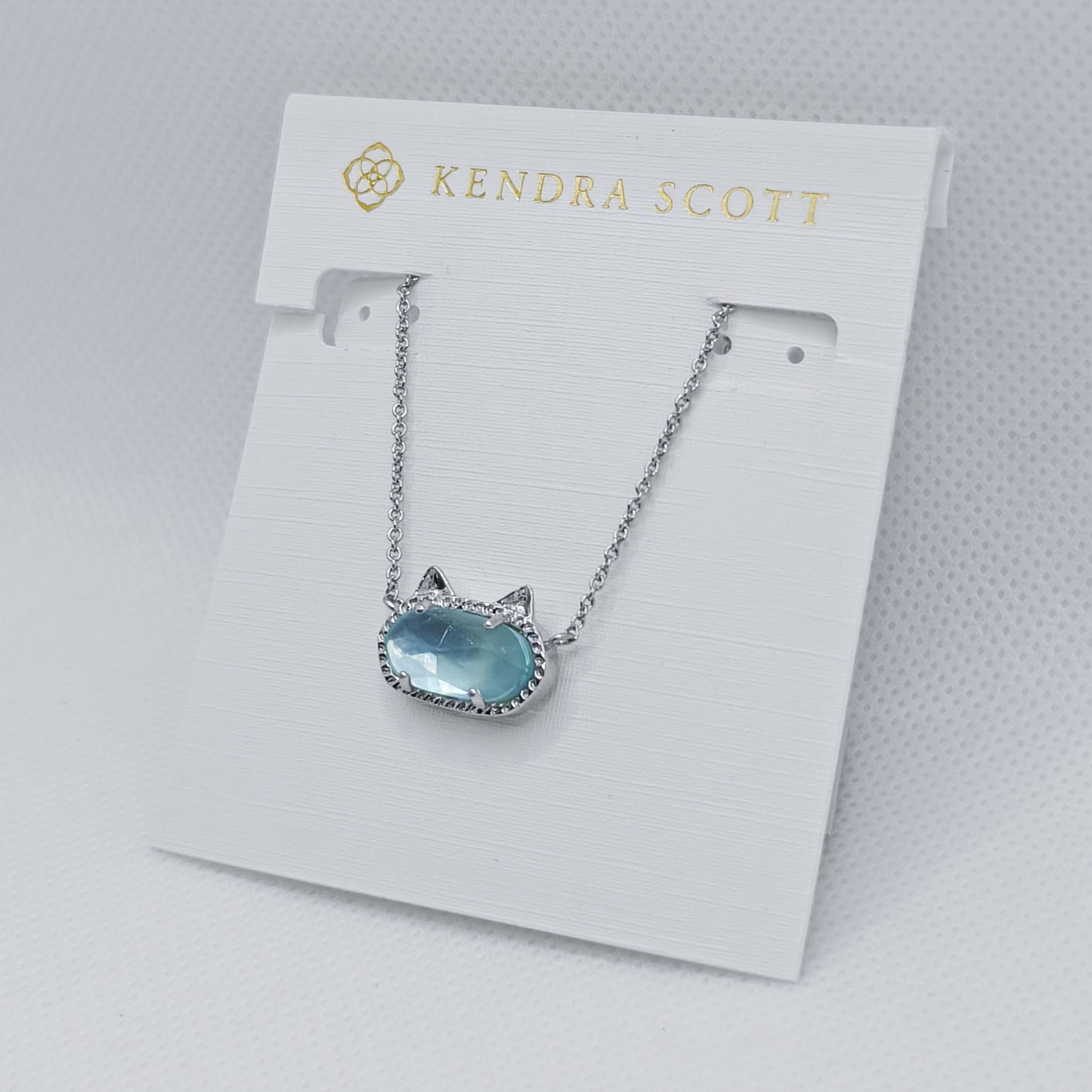 New Kendra Scott Elisa Silver Cat Kitty Pendant Necklace In Light Blue Illusion