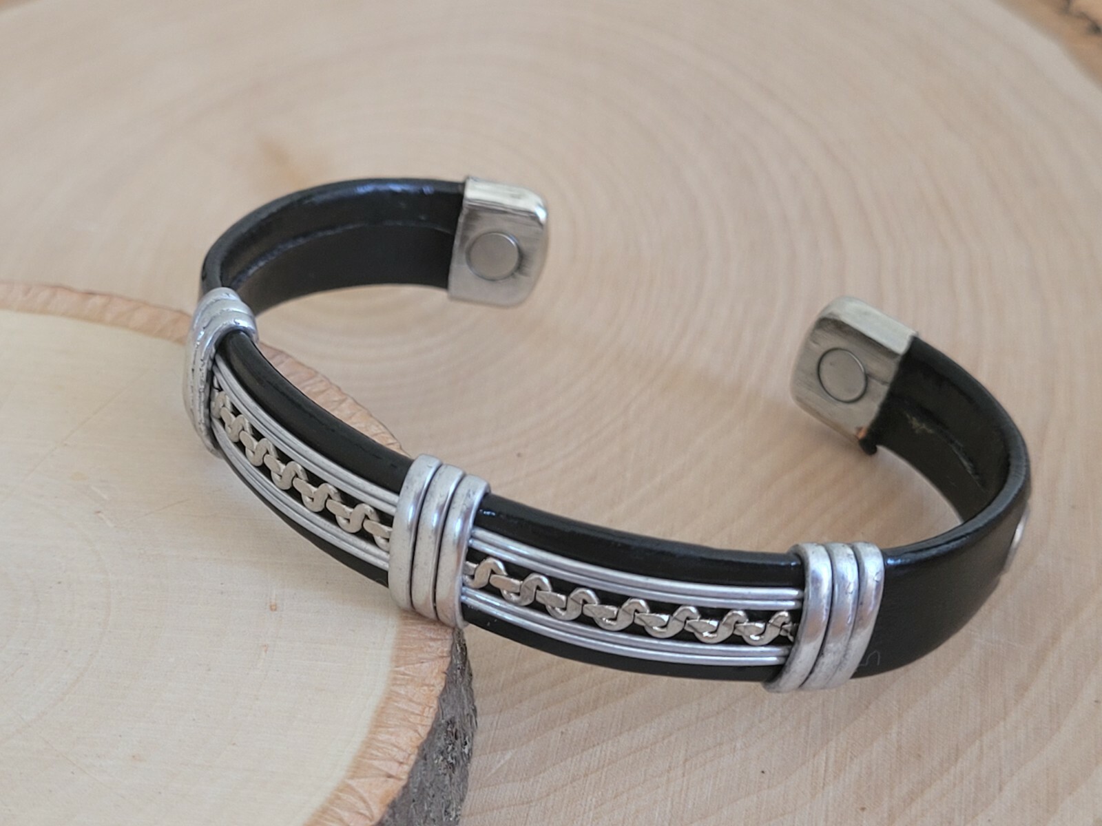 Solid Copper Leather Wrapped Magnetic Bracelet Energy Pain Silver Zig Zag