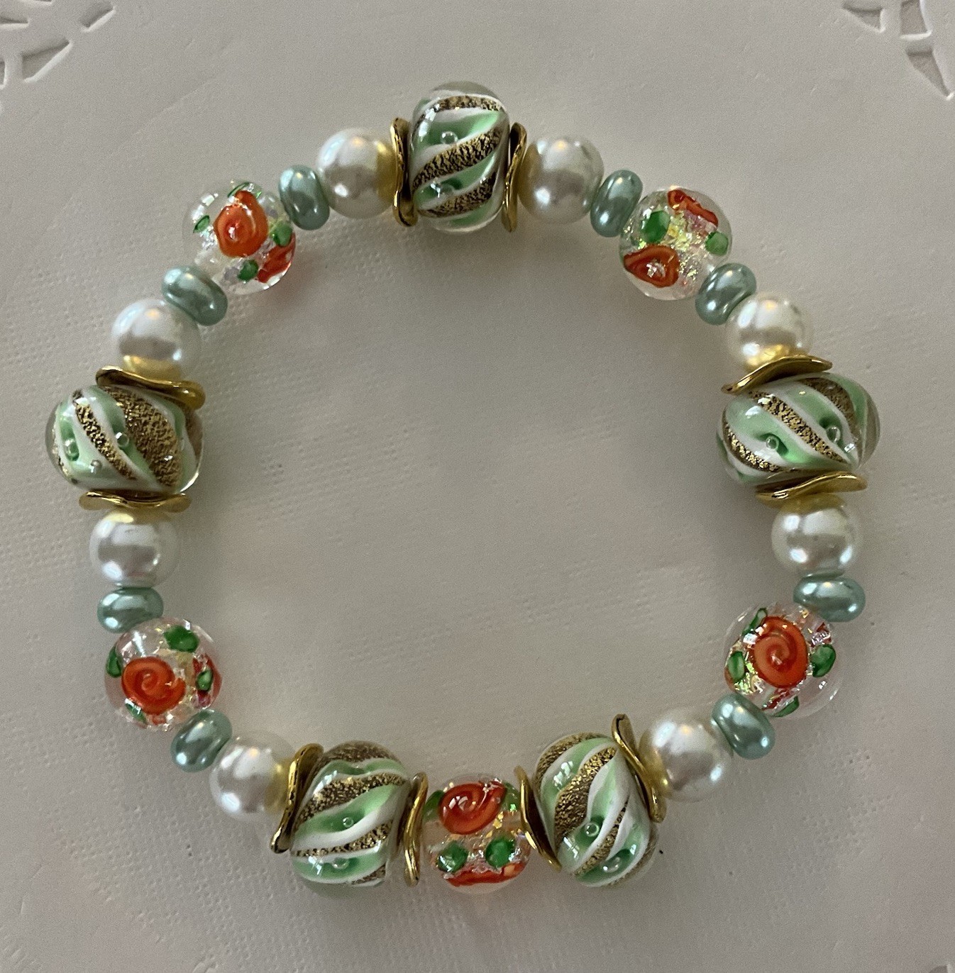 Ladies Beautiful Green & Orange Floral LampWork Beaded Stretch Bracelet 7.5”