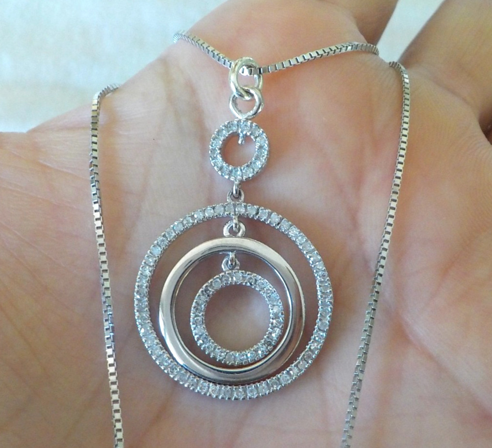 14K White Gold Triple Circle Drop Diamond Necklace – 6.50 gms, 17 in, 0.42 ctw