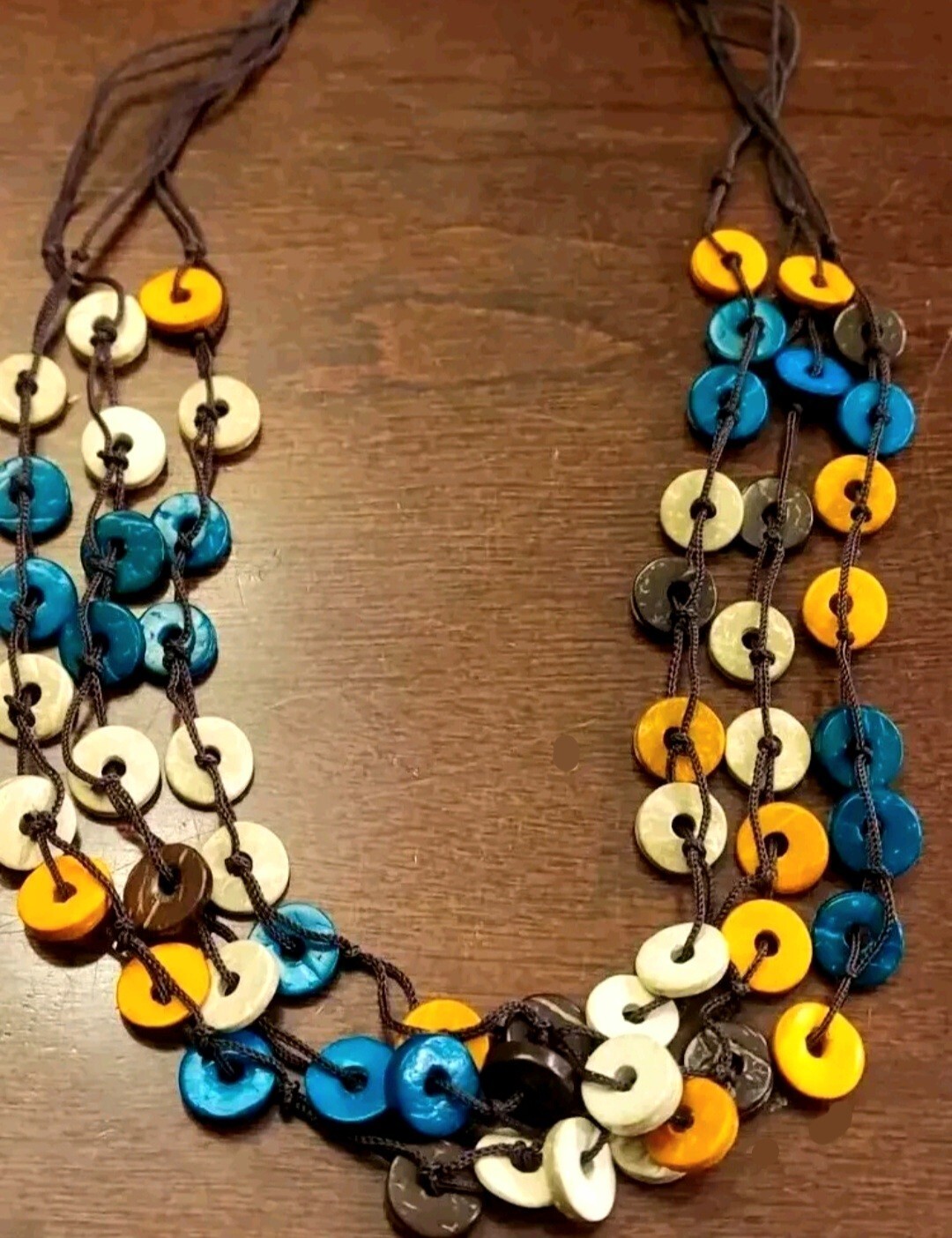 New Boho Blue Yellow Brown Wood Disc Beads Cord Hippie Beach Corded 26″ Necklace
