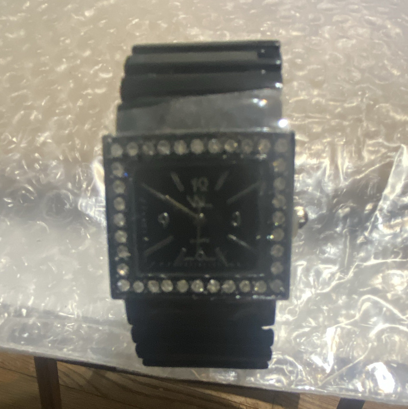 Black Square Analog Dress Wristwatch Metal Bracelet Rhinestone Bezel 12-Hour