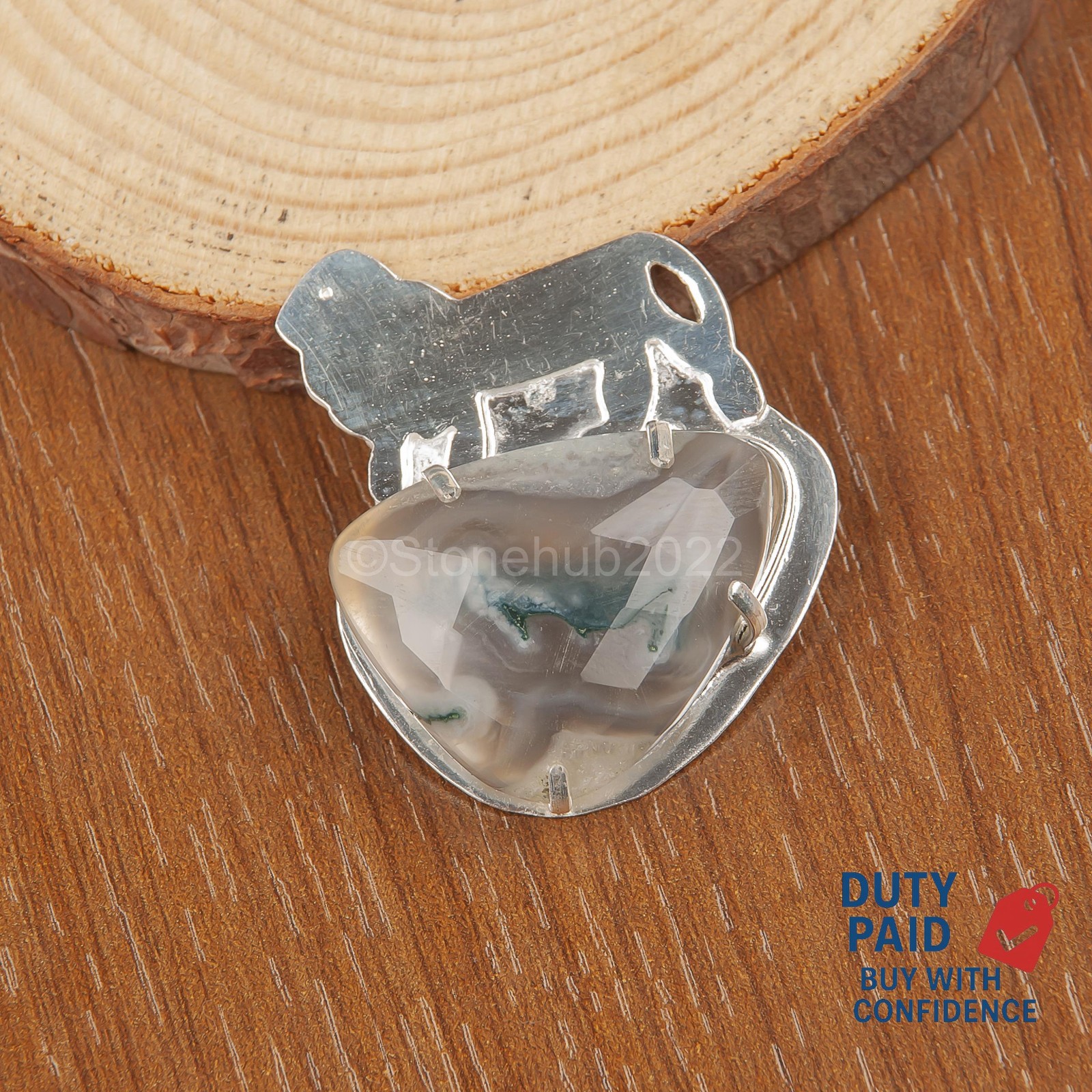 FANCY Natural Faceted Moss Agate Birthday Channel Set Mother Pendant 925 Silver