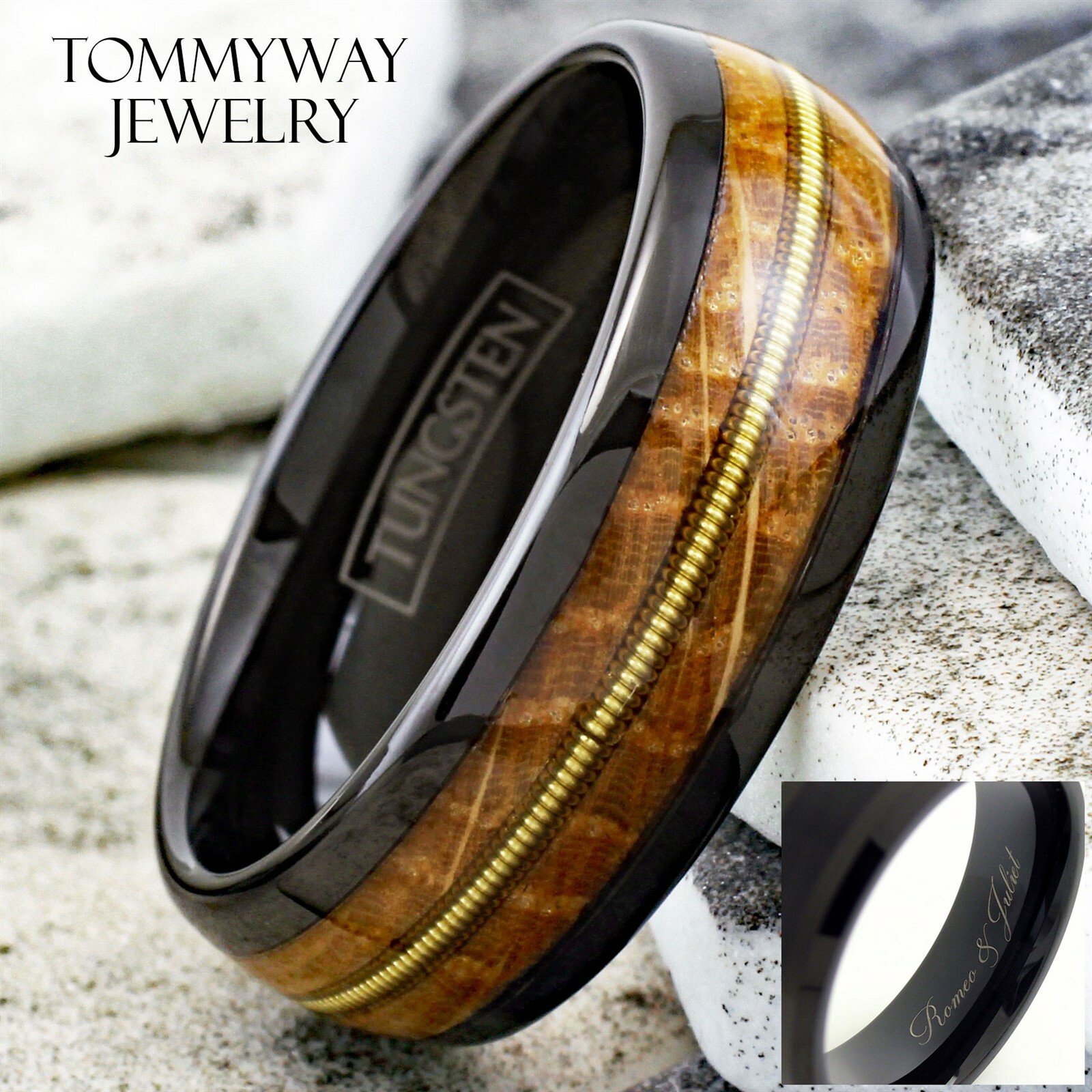 Engraved 8mm Black Tungsten Whiskey Barrel Wood w/ Guitar String Men’s Band Ring