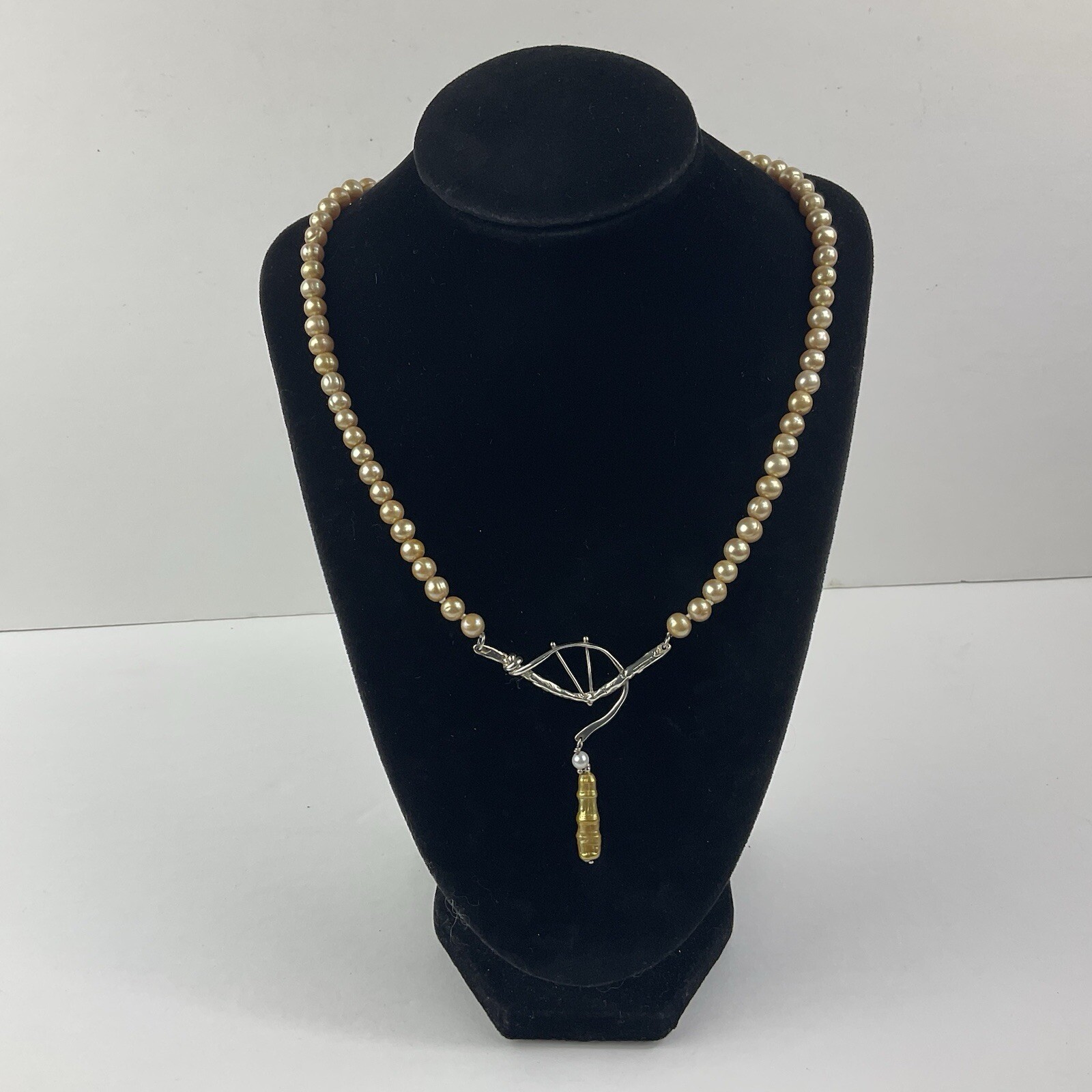 Artisan Sterling Silver Baroque Dangle Pendant Necklace Golden Pearl Near Round