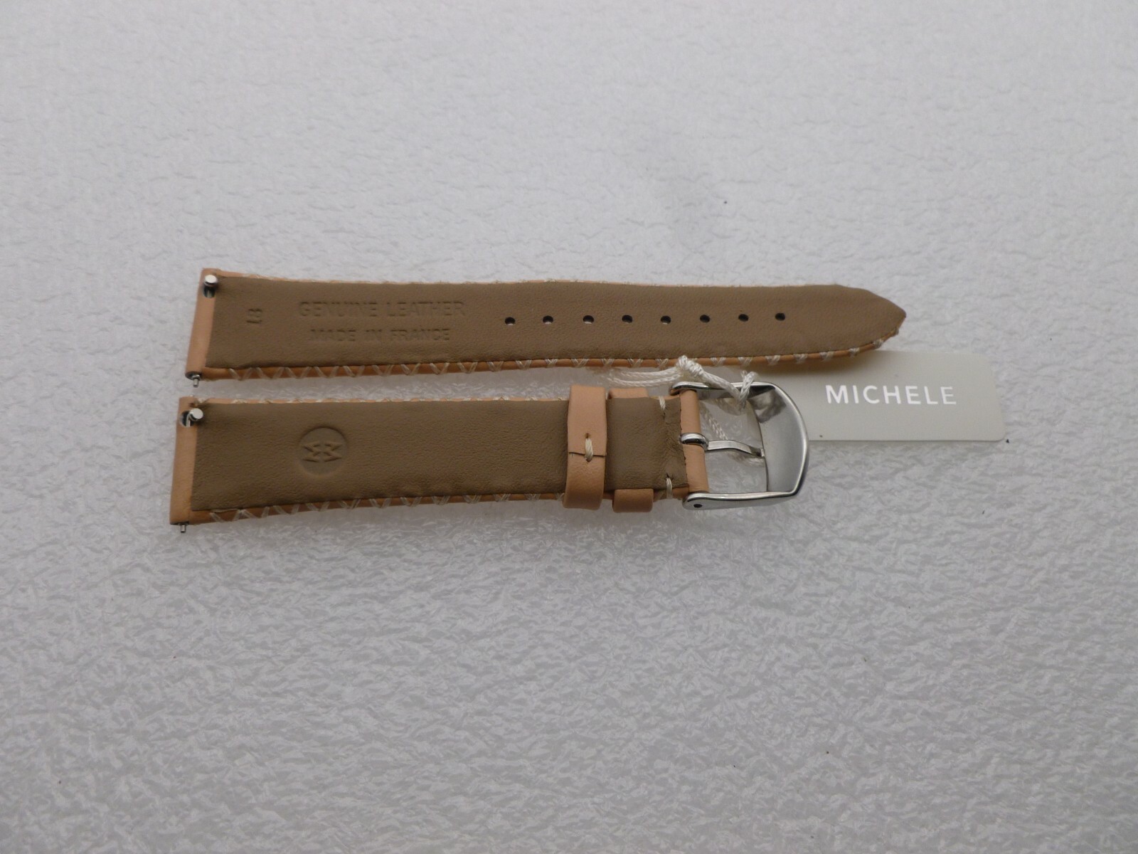 Genuine Michele 18mm Sand W/Withe Steches Genuine Leather Watch Band Strap NEW