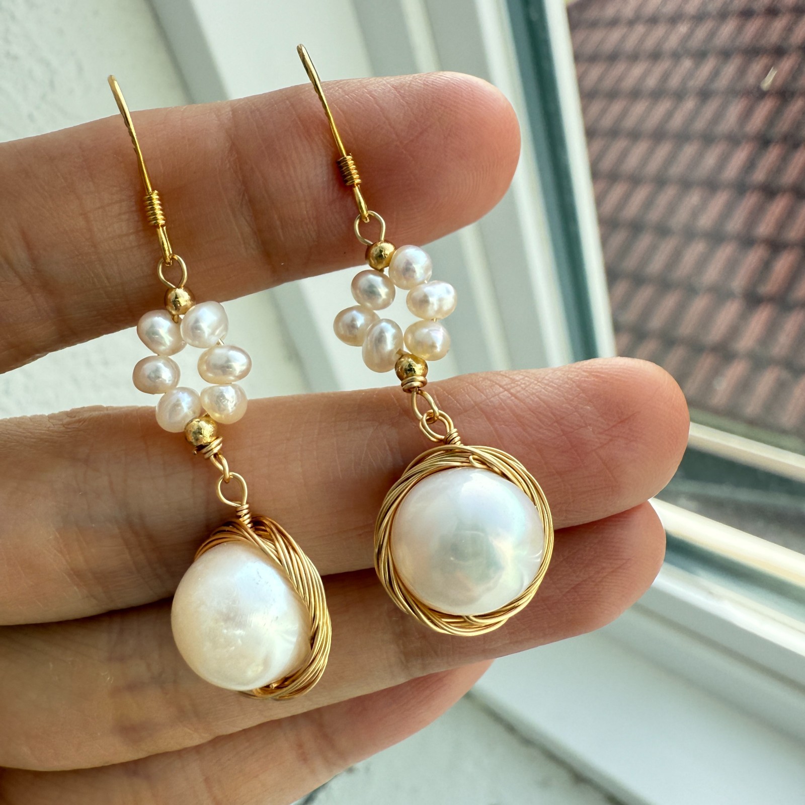 Natural Freshwater Pearl Earrings 925 Sterling Sliver Wire Wrapped Handmade Drop