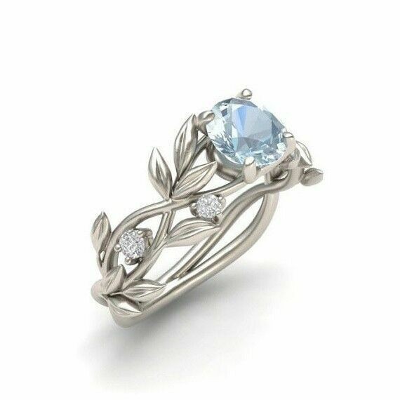 Men Women Elegant Leaves Ring 2.1Ct Aquamarine Wedding Size 6-10