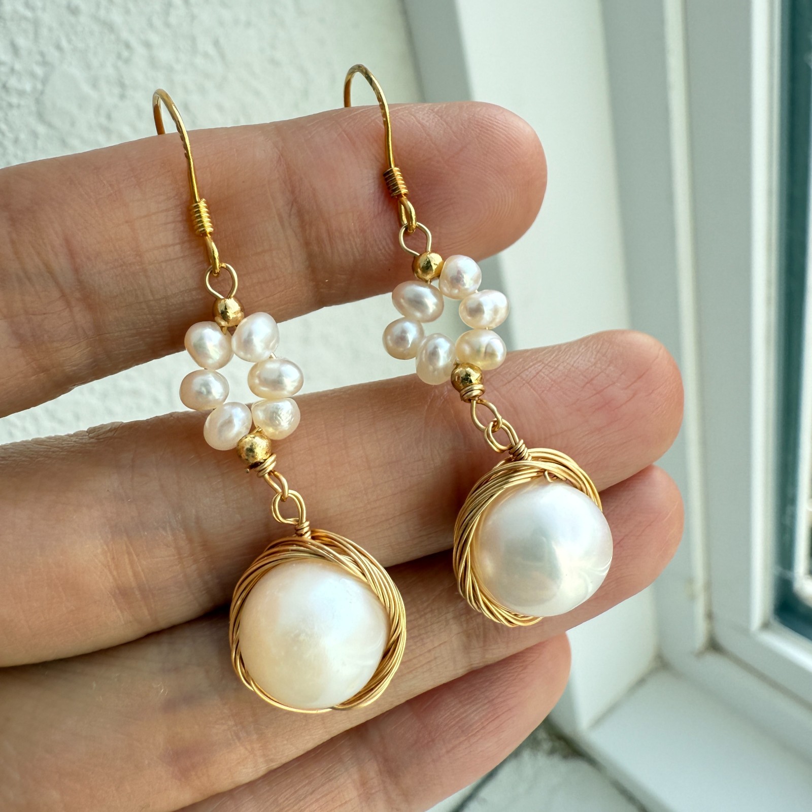Natural Freshwater Pearl Earrings 925 Sterling Sliver Wire Wrapped Handmade Drop