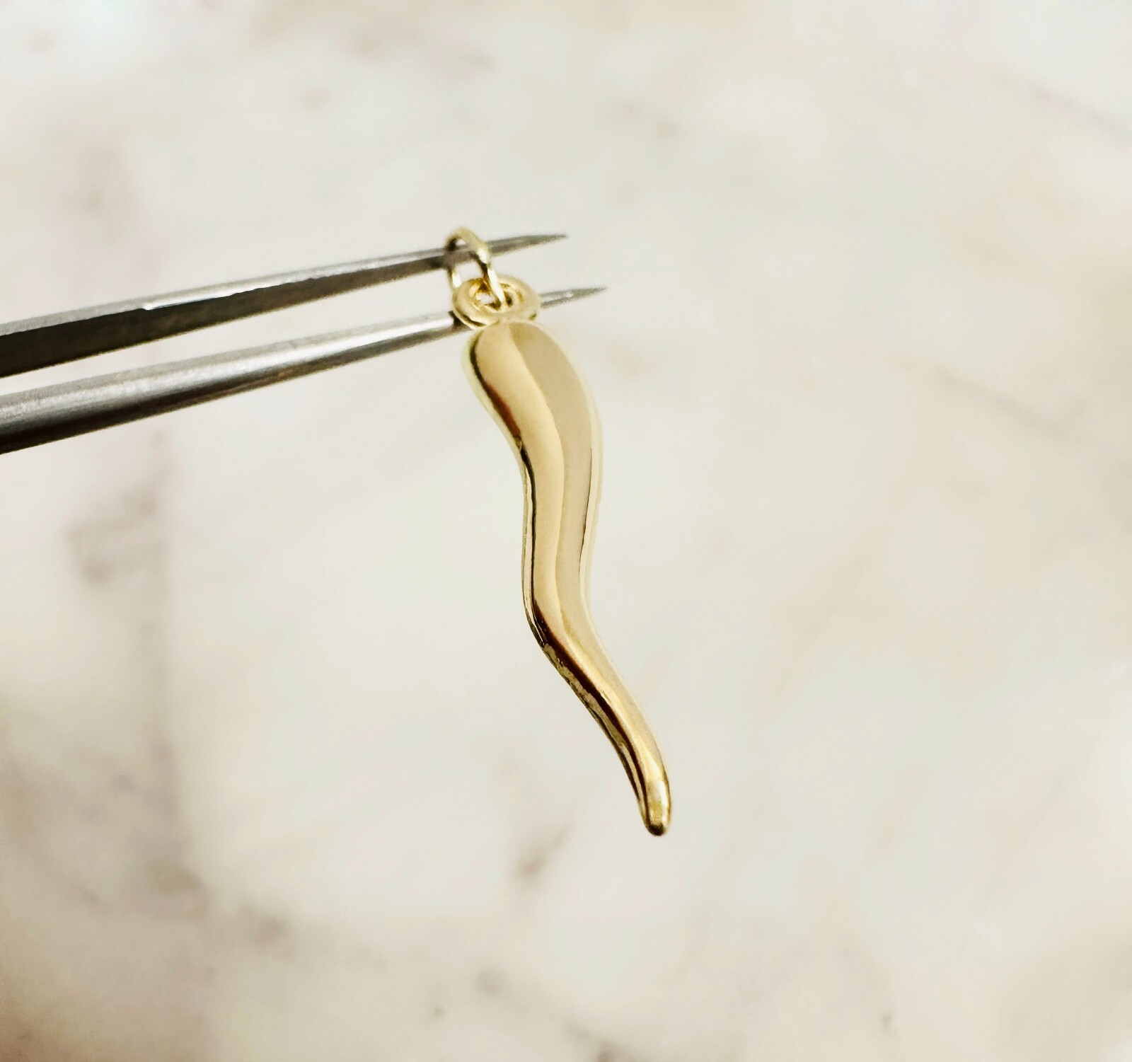 14K Solid Yellow Gold Polished Italian Horn Lucky Charm Pendant 28x4mm, 1.1″