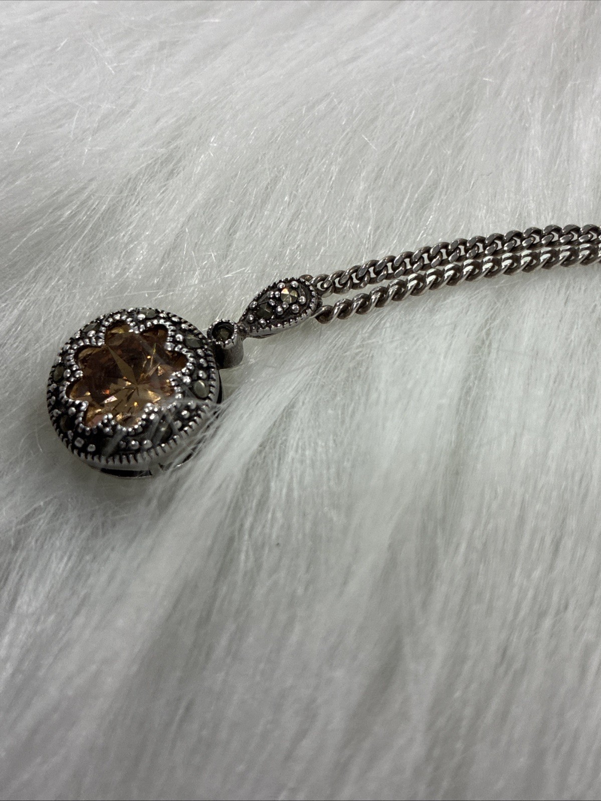 925 Italy Sterling Silver Curb Chain Peach Halo Black Marcasite Pendant Necklace
