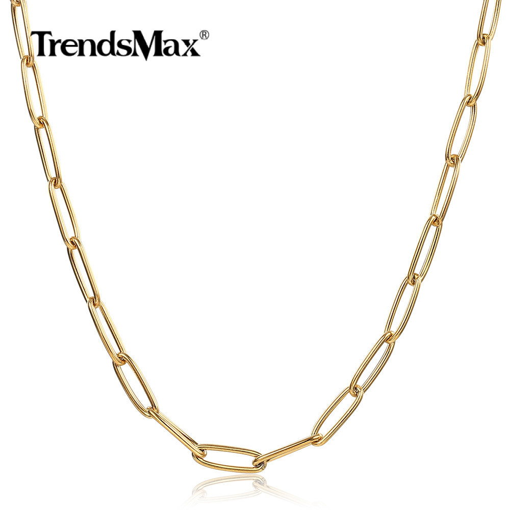 4MM 16+18+20″ Gold Plated Stainless Steel Paperclip Chain Necklaces Chokers 3Pcs