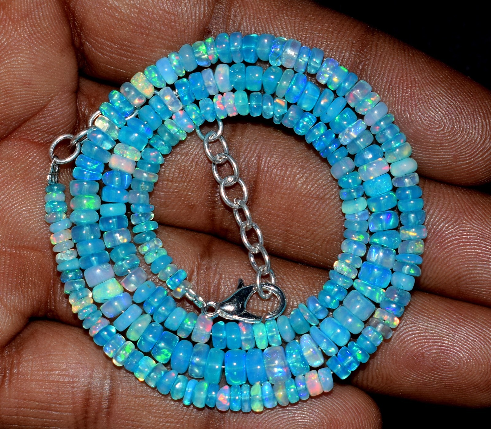 Bead Necklace 16″Natural Ethiopian Blue Opal Wello Fire Opal Gemstone F3991