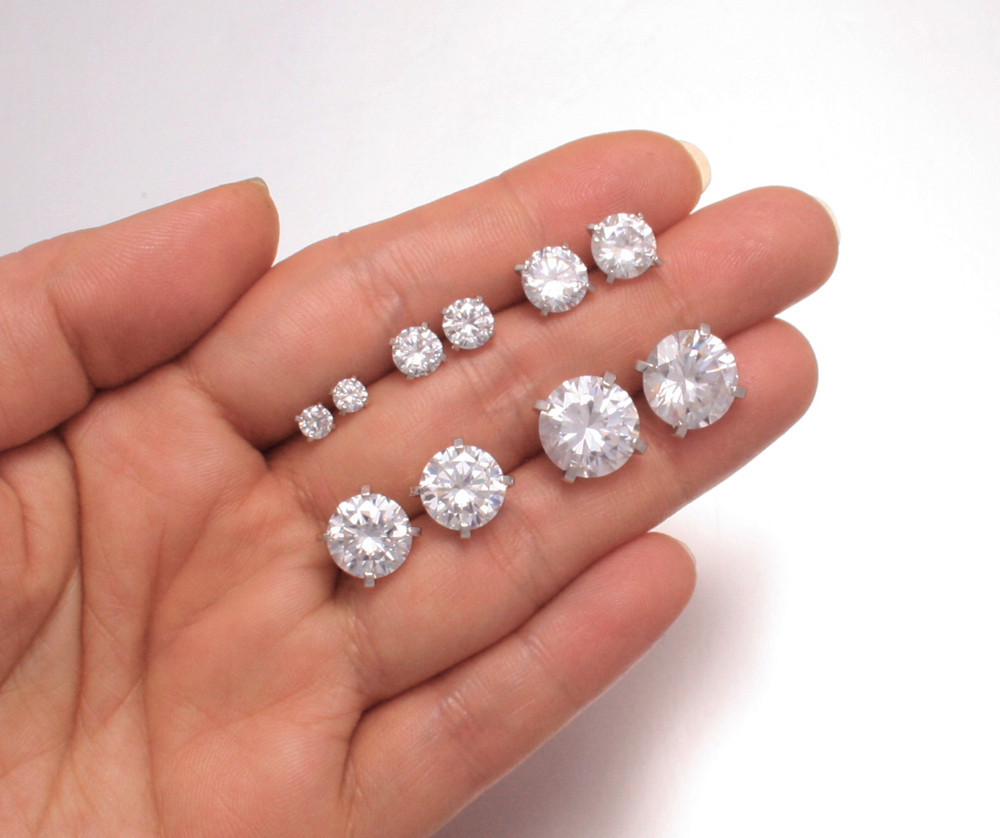 ROUND STUD EARRINGS CZ CRYSTAL TITANIUM POST UNISEX 4mm-12mm