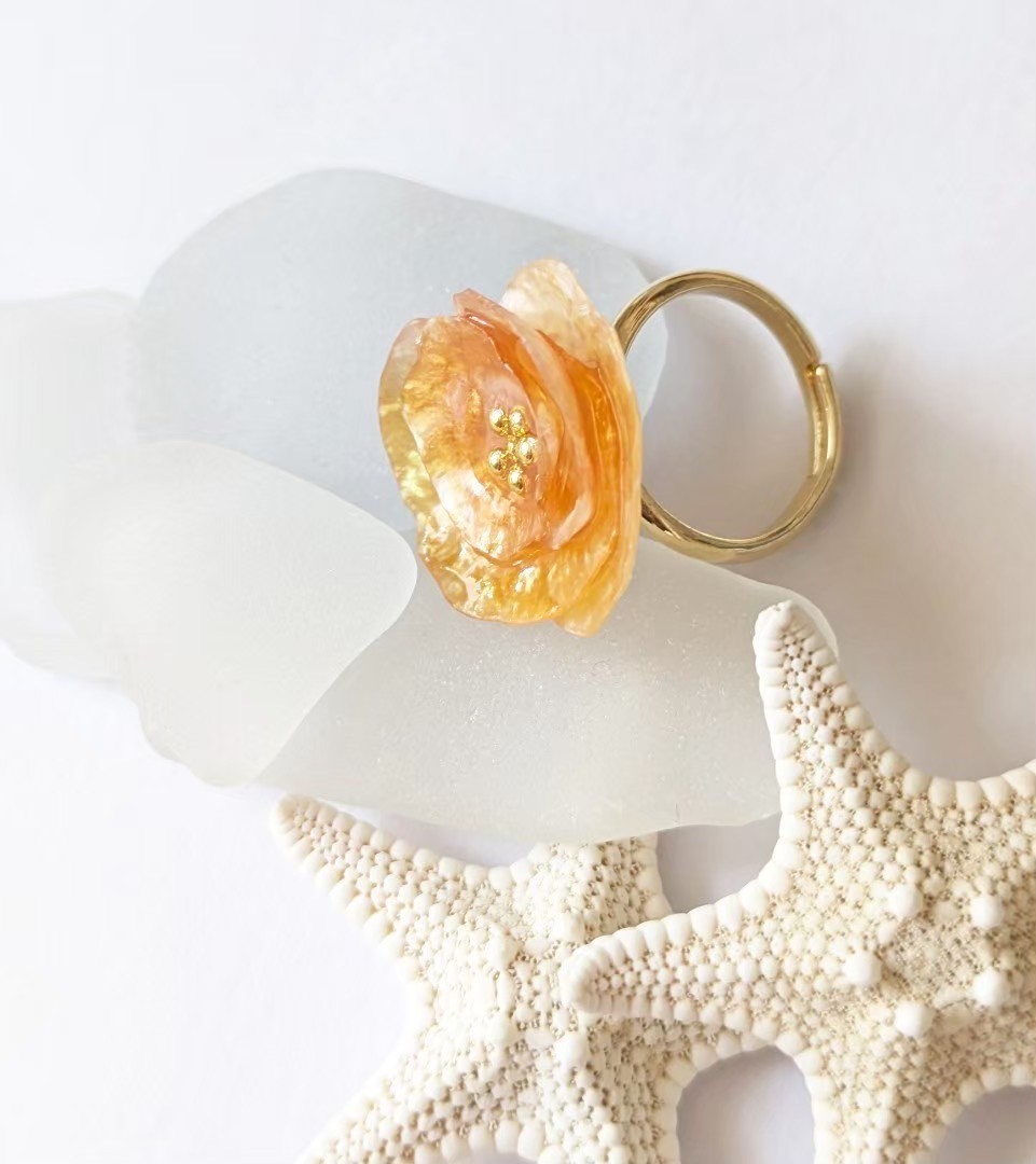 Handmade Orange Shell Flower Ring Adjustable Boho Statement Jewelry Gold Plated