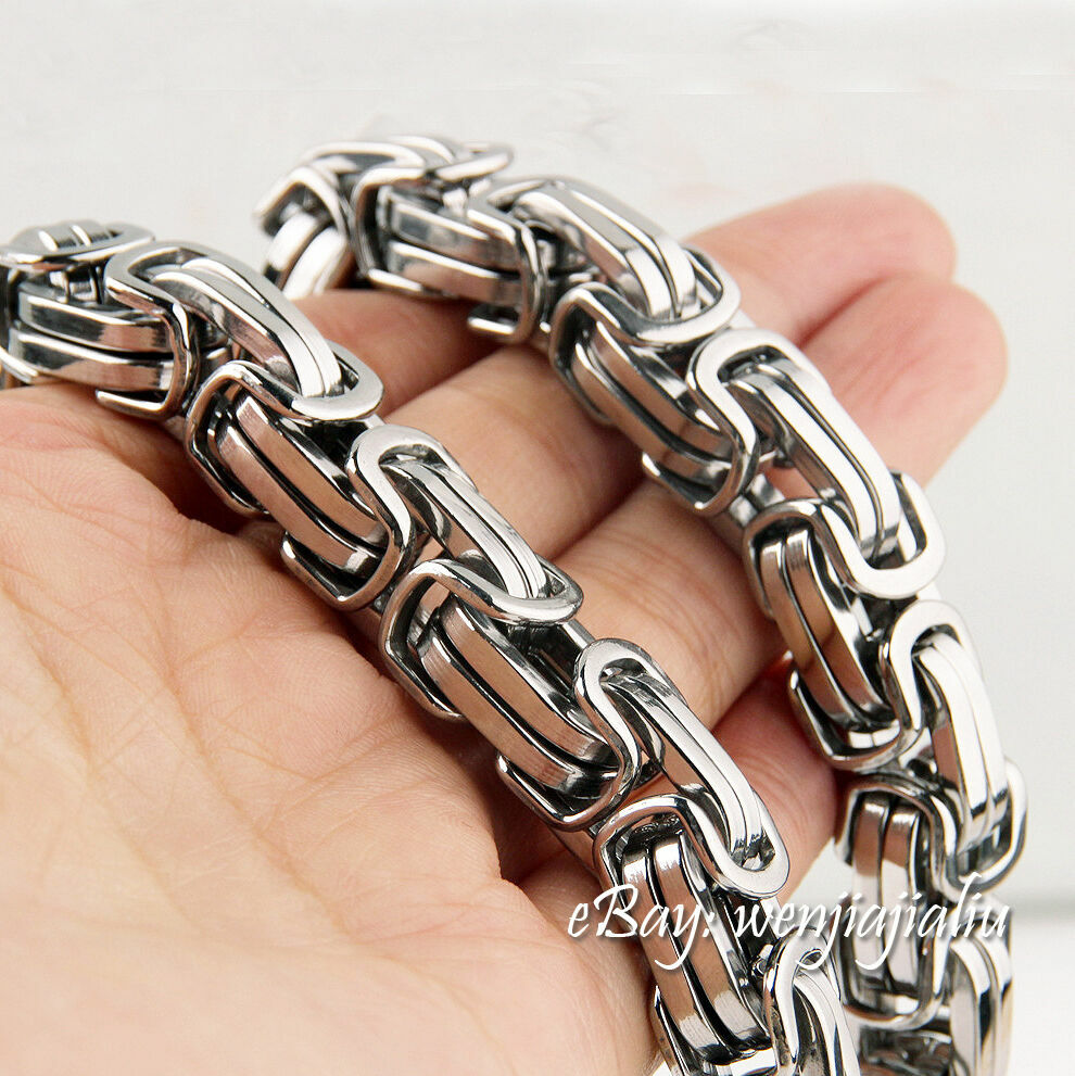 HEAVY 15mm Chain Silver Byzantine Link Stainless Steel Men’s HUGE Bracelet 8~12″