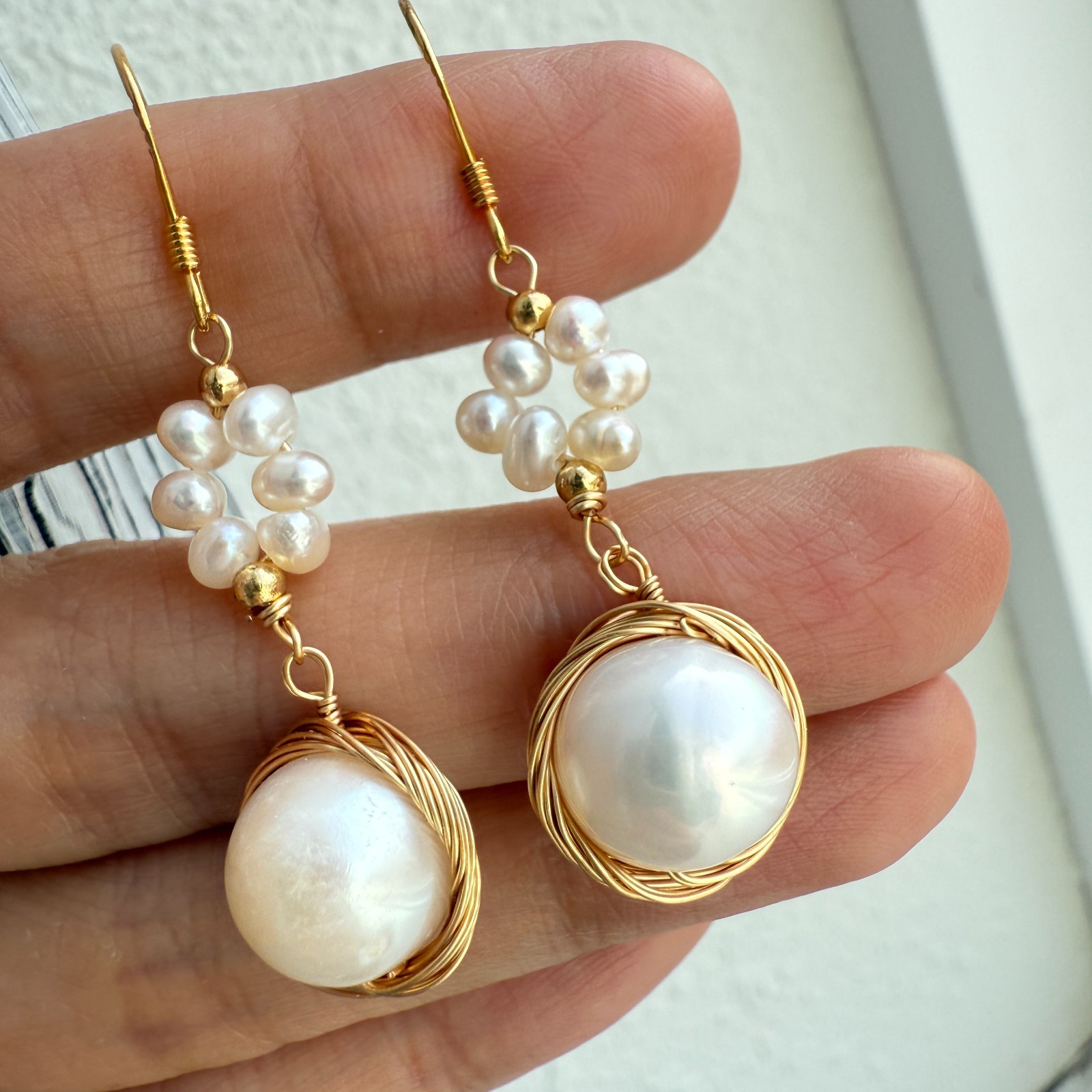 Natural Freshwater Pearl Earrings 925 Sterling Sliver Wire Wrapped Handmade Drop